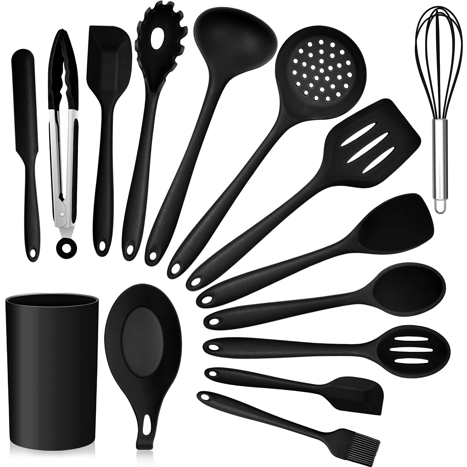 Kitchen Utensils Set, E-Far 15-Piece Silicone Cooking Utensils With Holder, Non-Stick Cookware Friendly & Heat Resistant, Includ