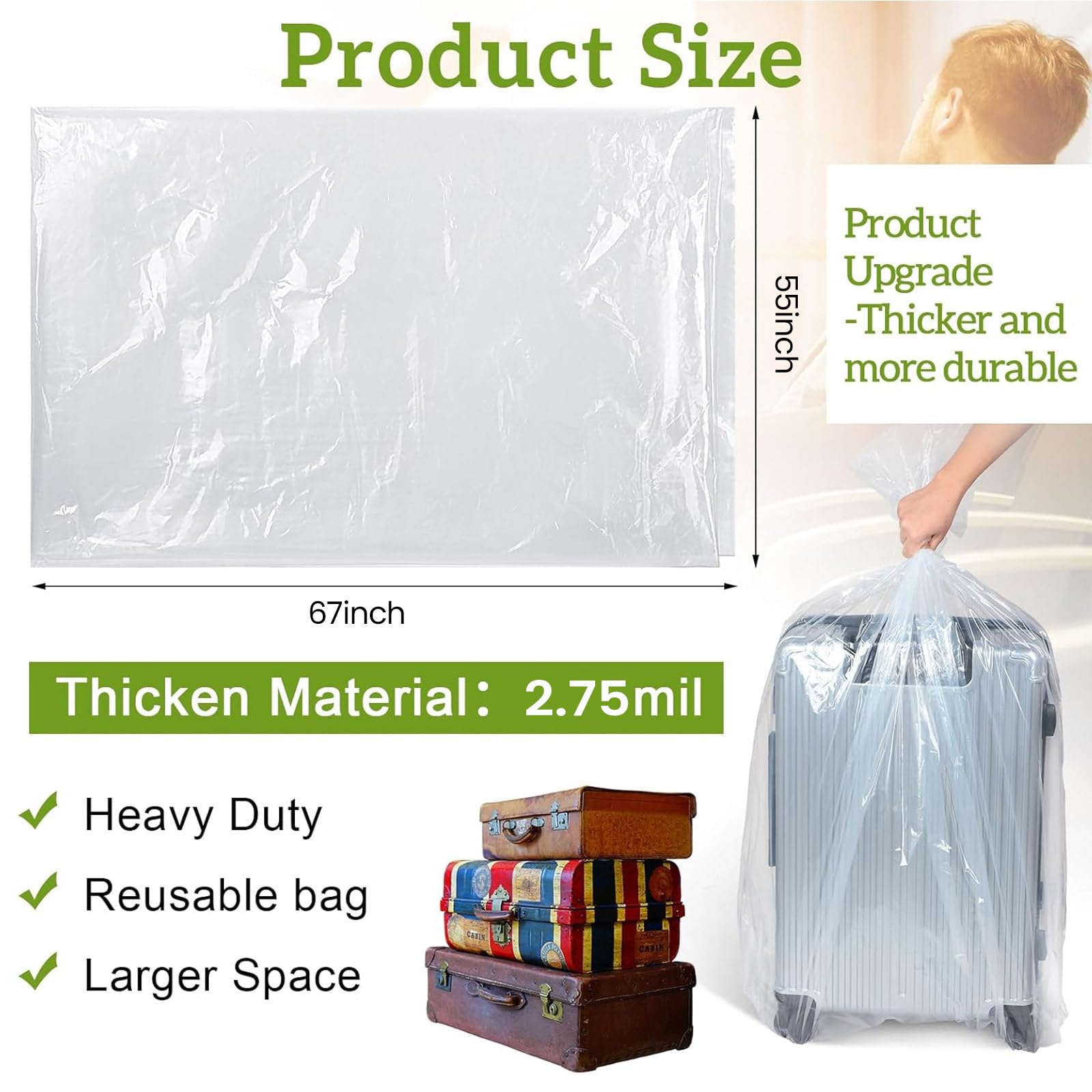 Fainne 10 Pack Extra Large Clear Plastic Storage Bags 55 x 67 Inch 2.75 Mils Giant Jumbo Moving Flat Plastic Storage Bags for Cl
