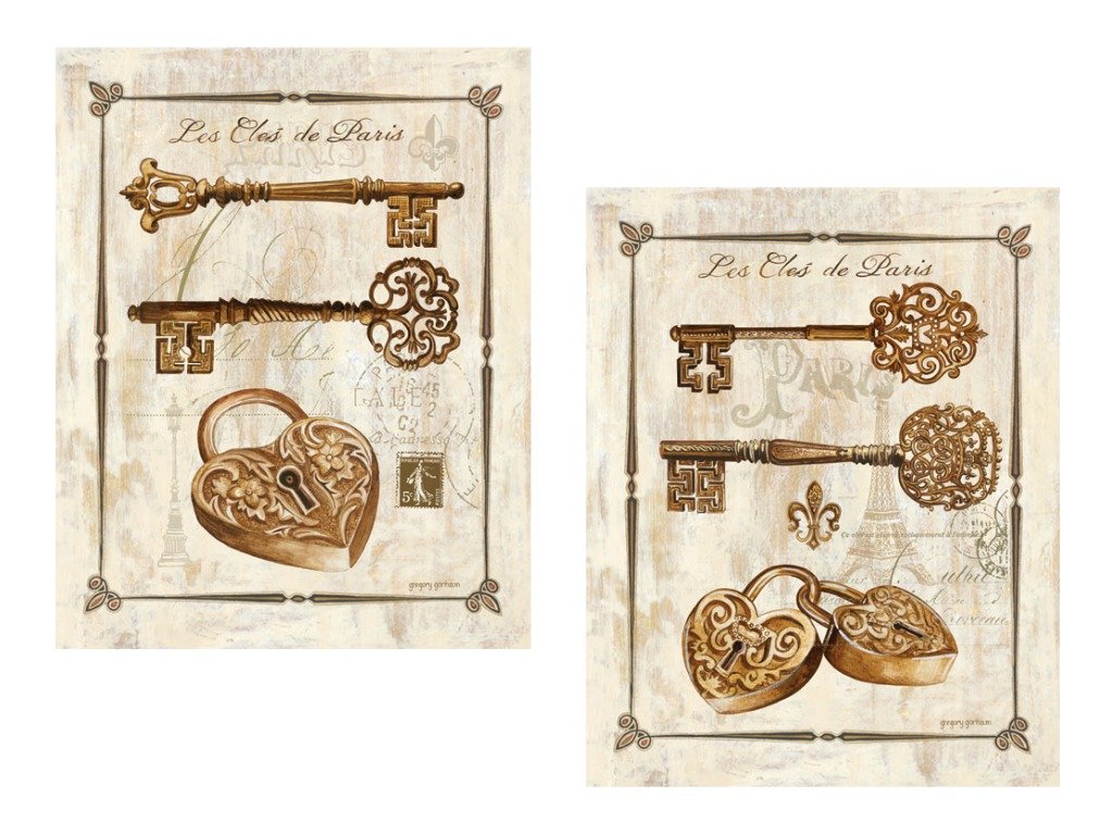 2 French Paris Antique Vintage Key Heart Locket Art Prints Posters Locks Royalty Classy Postcards 8X10 Inches