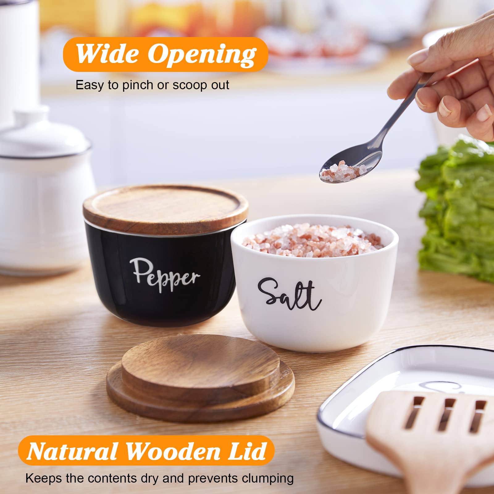 Salt And Pepper Bowls, Dayyet 10 Oz Salt Cellar With Lid, Stacked Ceramic Salt Pepper Container With Acacia Wood Lid, Salt Box F