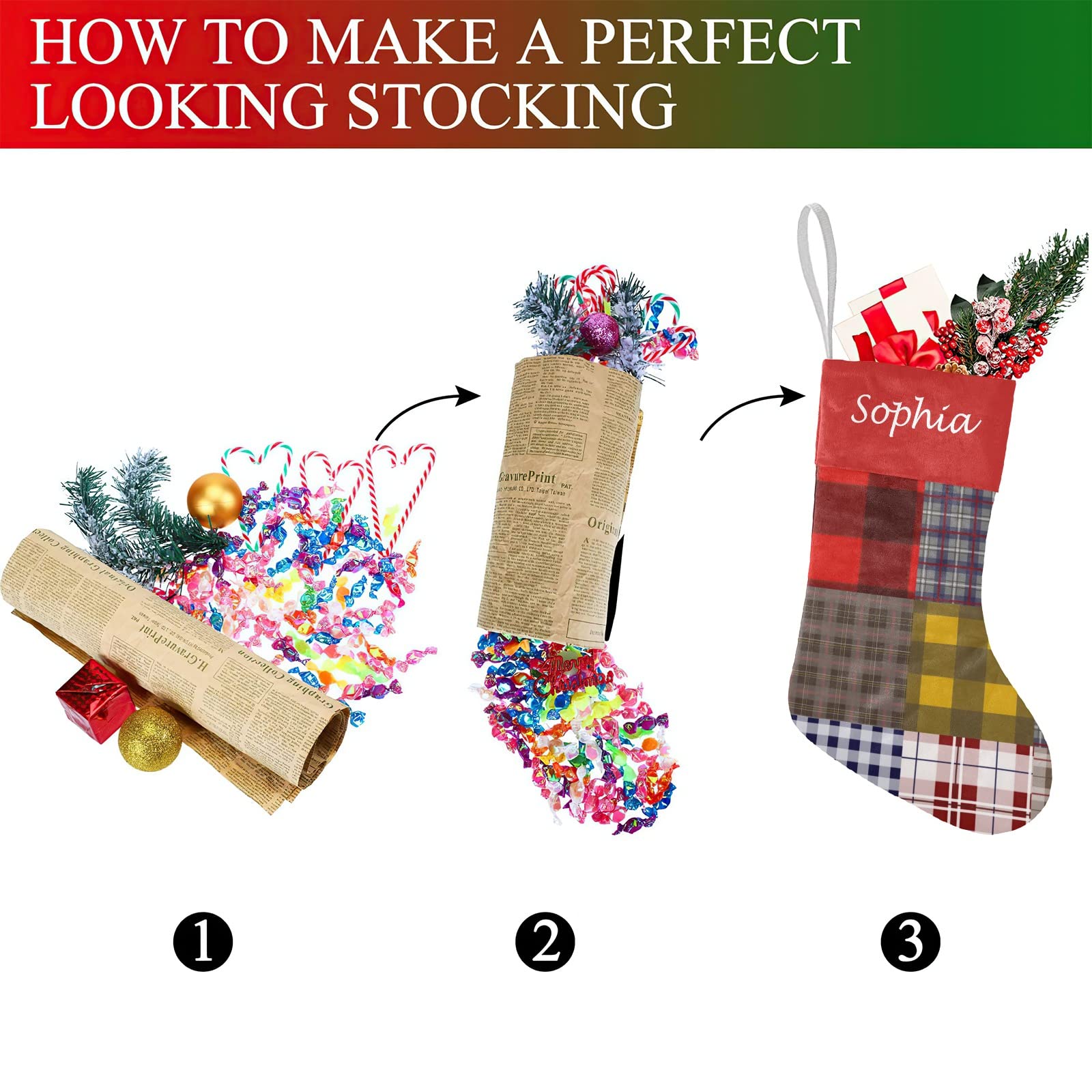 Plaid Patchwork Christmas Stockings Custom Name Party Family Decor Festive Santa Candy Gift Bag Socks 17.52 x 7.87 Inch