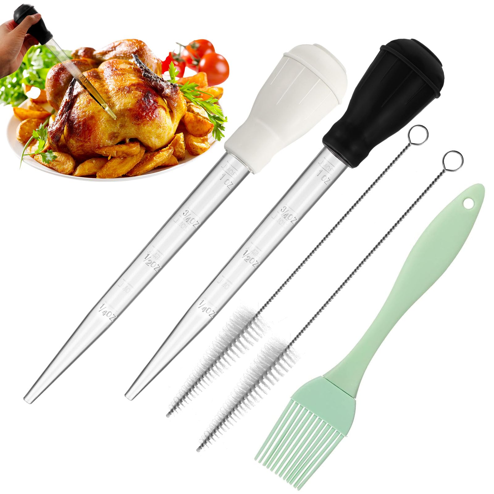Boao 5 Pieces Nylon Heat-resistant Turkey Baster Cooking Set Includes Meat Baster, 1 Silicone Basting Brush and 2 Cleaning Brush
