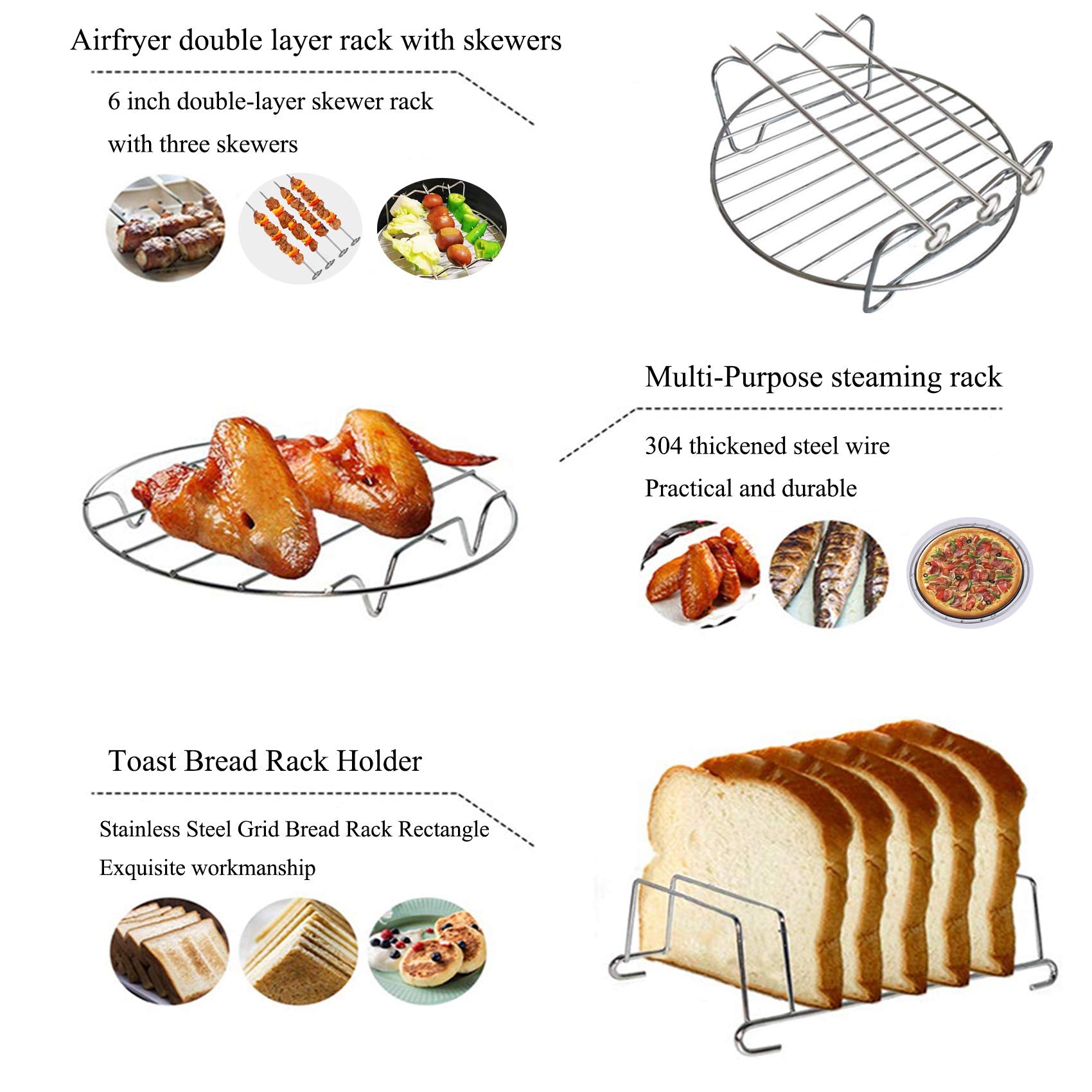 Xiongrida Air Fryer Rack Set of 3, 6'' Double Layer Stainless Steel, Fits 2.5QT+ Air Fryers, Multipurpose Toast & Skewer Rack, Silver