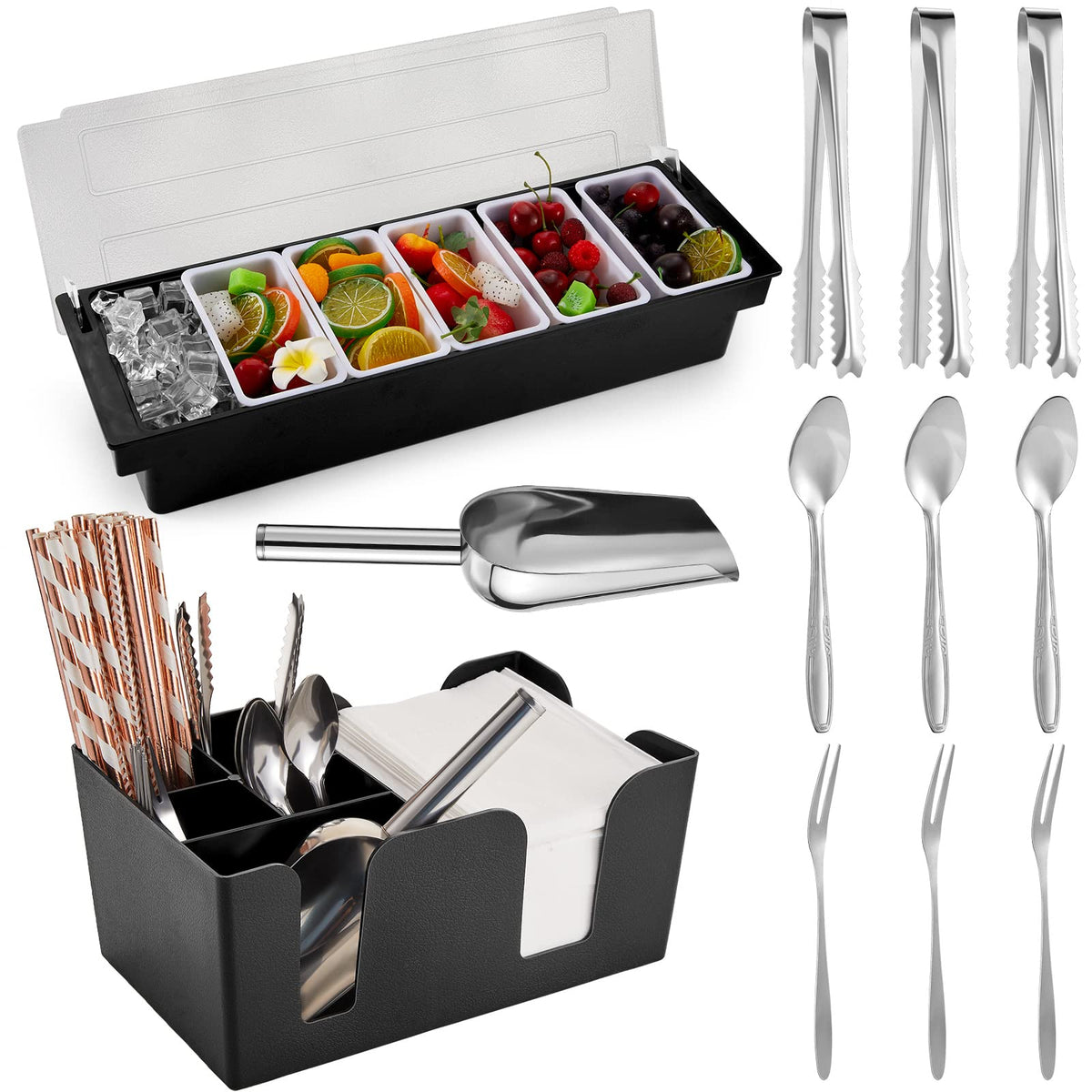 Tessco Garnish Tray With Lid Bar Caddy Ice Cooled Condiment Serving Container With Stainless Steel Ice Scoop 3 Metal Mini Servin