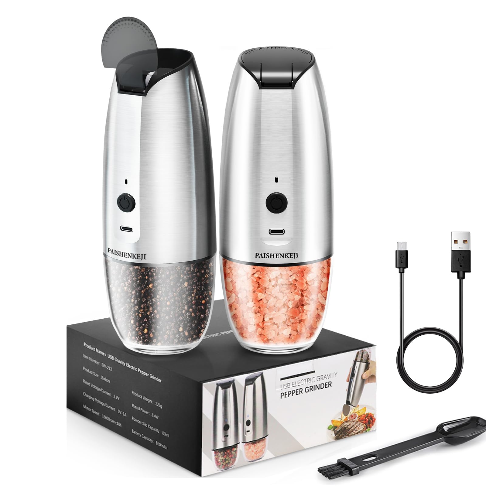 Electric Salt and Pepper Grinder Set: - For Gravity Electric Salt and Pepper Shakers Set Rechargeable Automatic Spice Grinder US