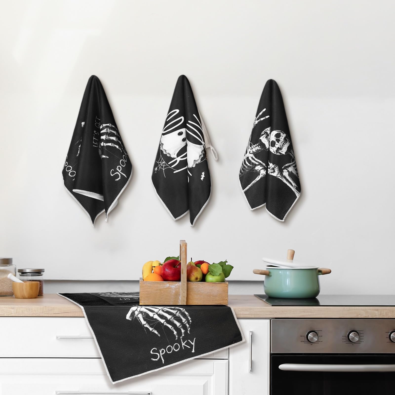 Bencailor 6 Pcs Spooky Christmas Kitchen Towels Skull Ghost Boo Gothic Christmas Dish Hand Towels Skeleton Tea Washcloth for Hor