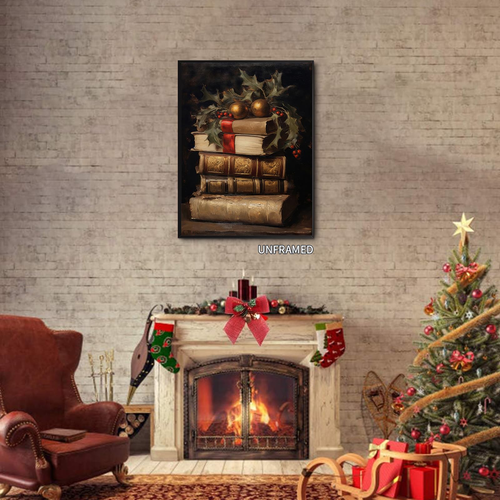 Wodkodnxy Vintage Christmas Canvas Wall Art, Rustic Books Art Still Life Pictures For Wall, Merry Christmas Poster Winter Print,