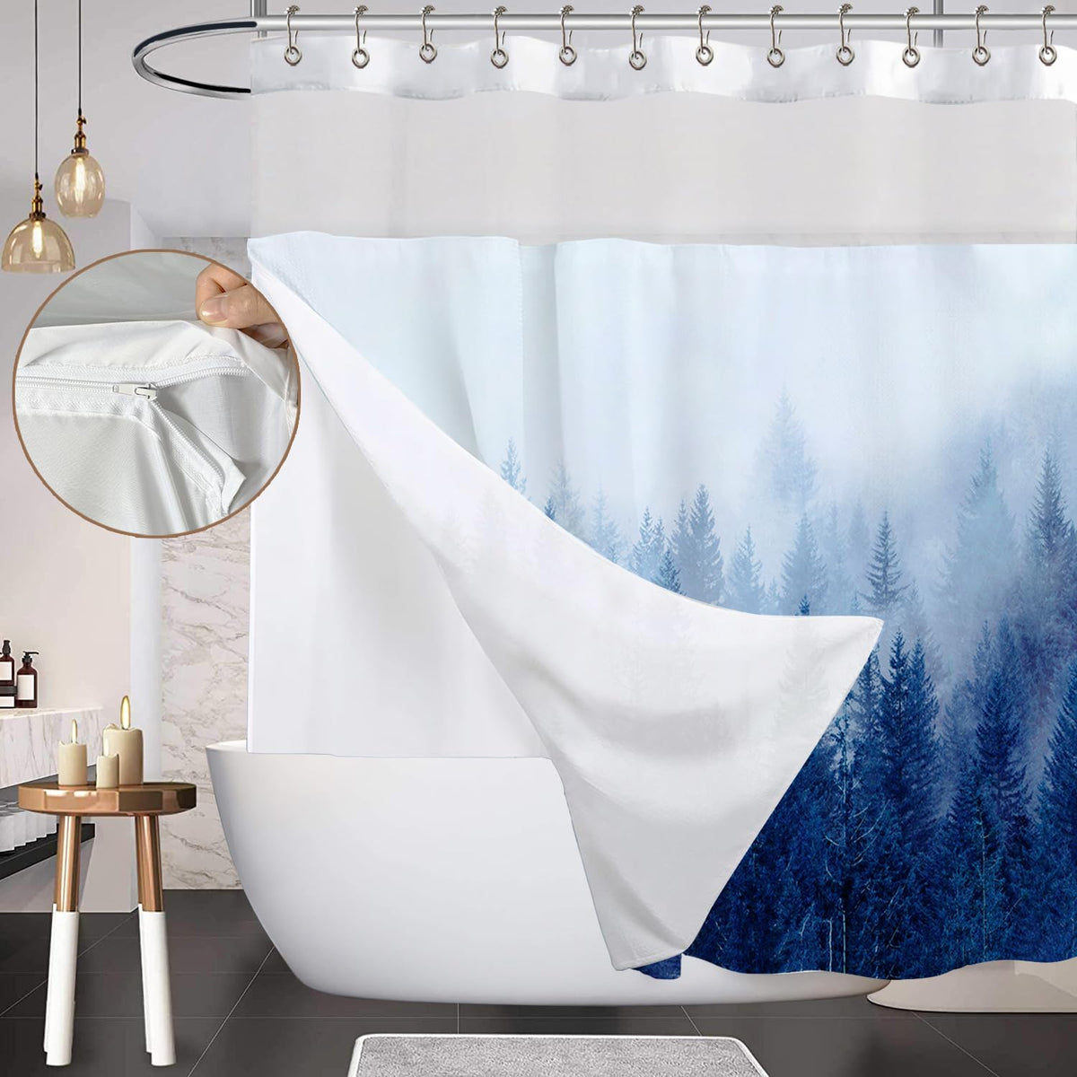 Ortigia Double Misty Forest Shower Curtain Set With Snap In Liner For Bathroom, Blue Nature Shower Curtains With See Through Top
