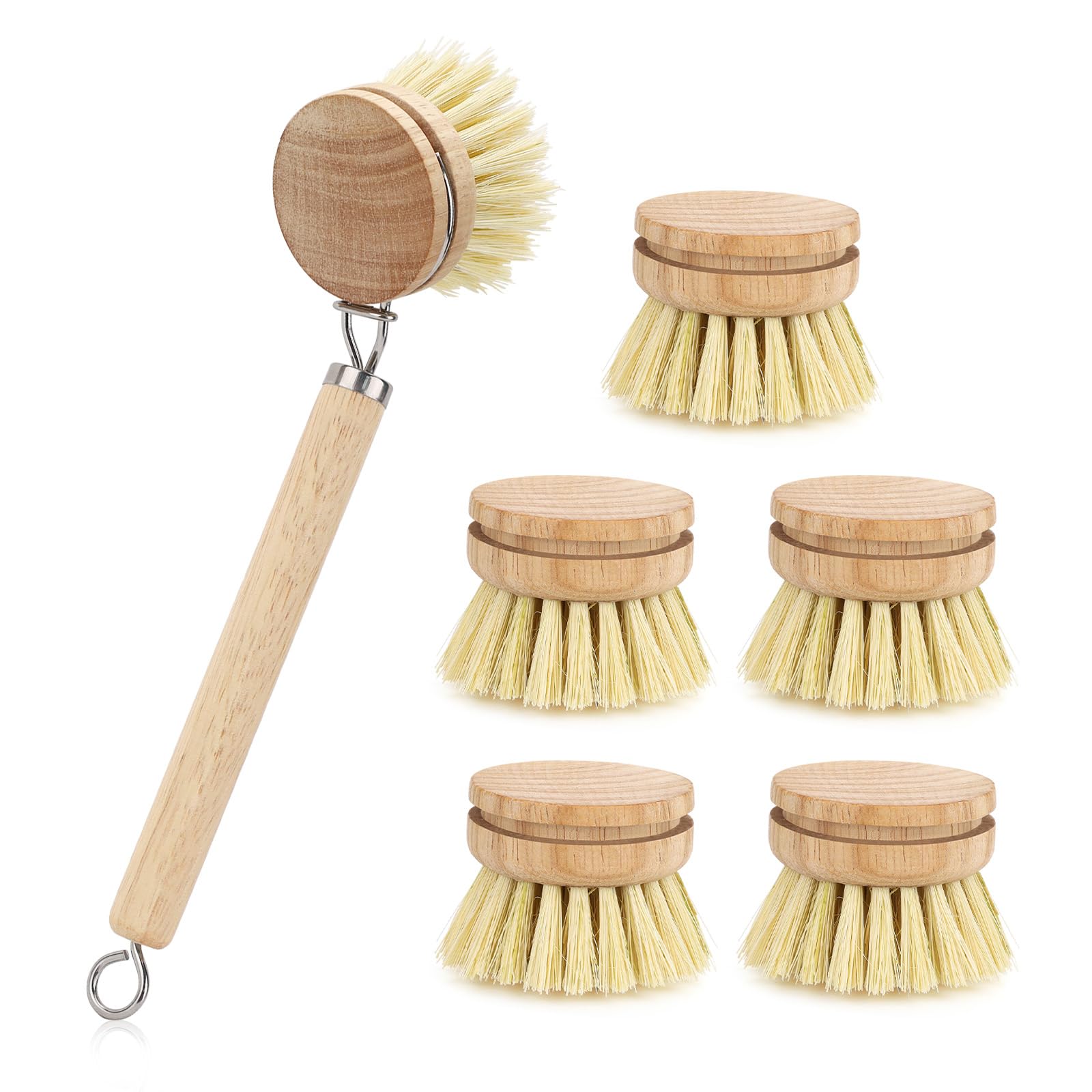 Dish Brush with Handle, Replaceable Natural Bamboo Vegetable Brush with 5 Sisal Brush Heads and Hanging Hook, Multipurpose Kitch