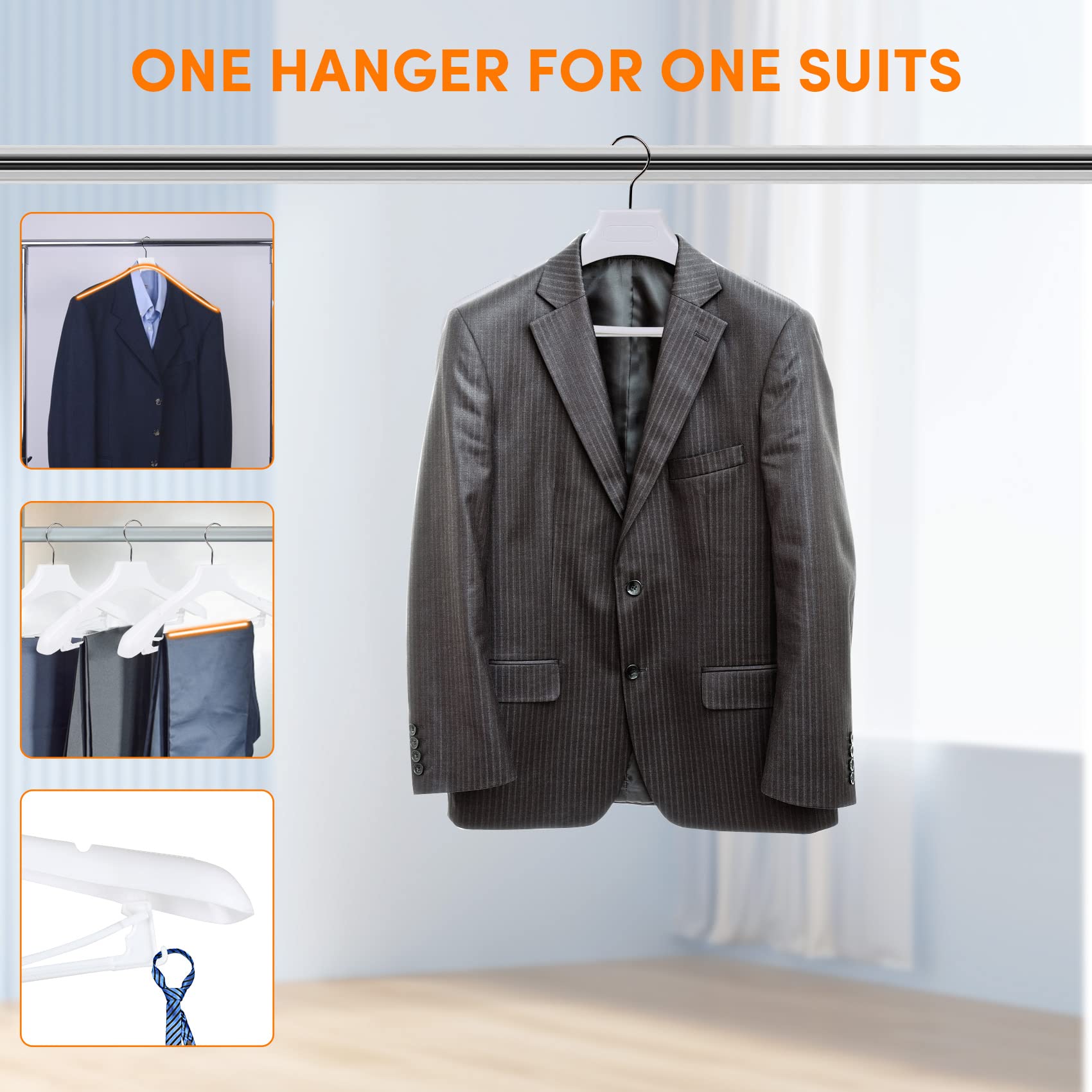 Suit Hangers For Men 50 Pack, Extra Wide Hangers Non Slip Width 17.7'', White Coat Hangers Thick Plastic With Pants Bar 360 Swiv