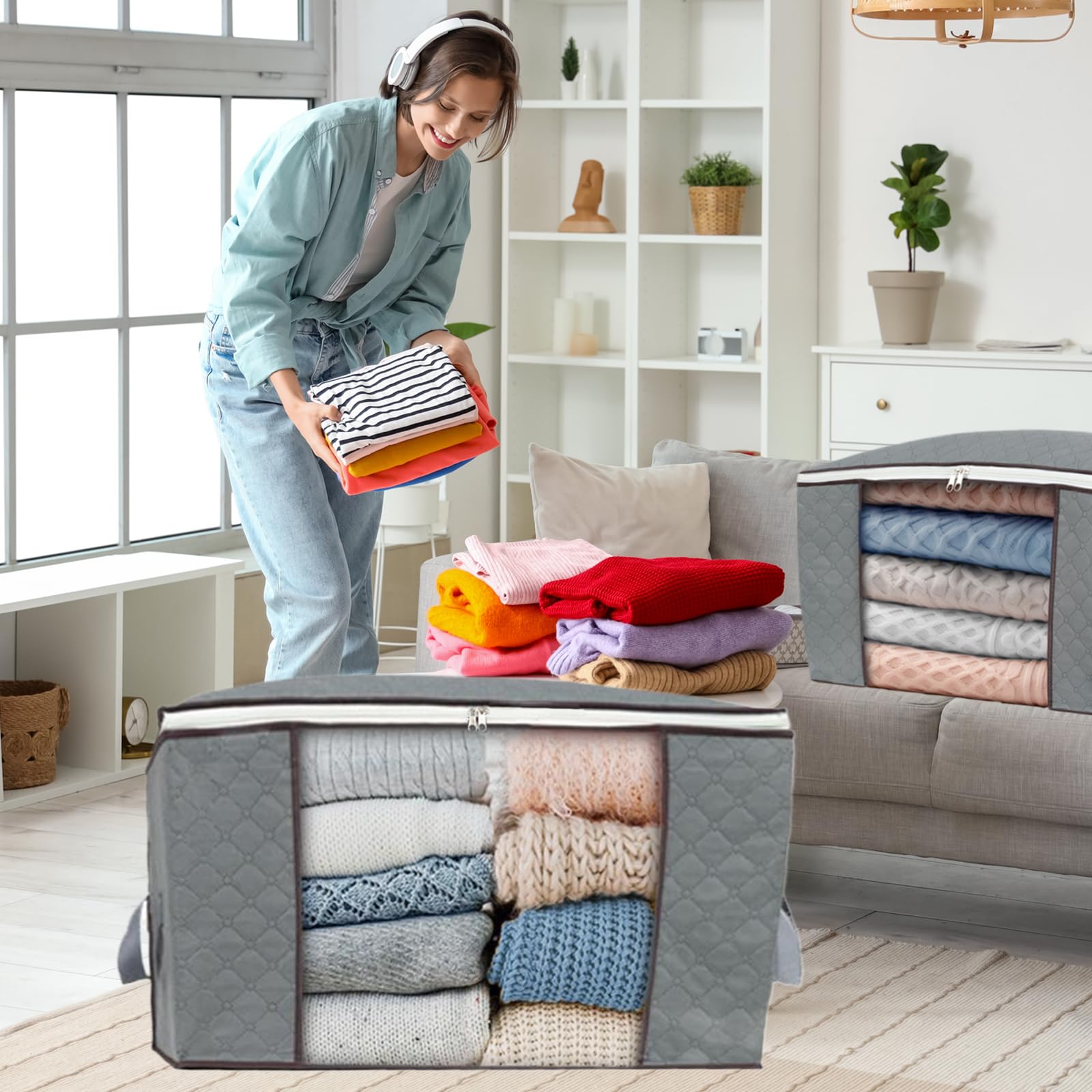 combocube 3Pcs Jumbo Zippered Storage Bag for Closet King Comforter, pillow, quilt, bedding, Clothes, Blanket Organizers with La