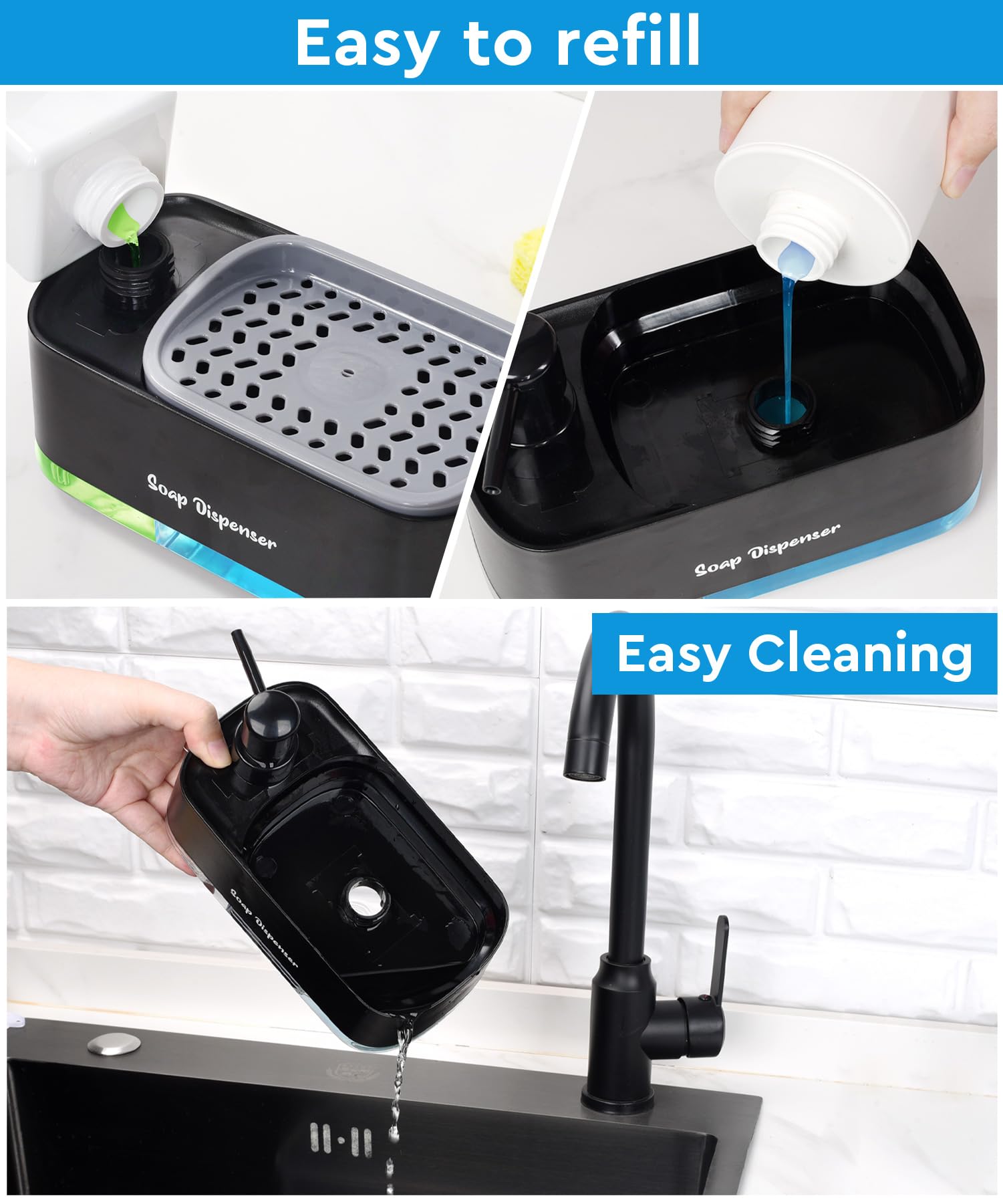 Hand And Dish Soap Dispenser Set For Kitchen, Dual Soap Dispenser With Sponge Holder, 3-In-1 Countertop Soap Pump Dispenser For