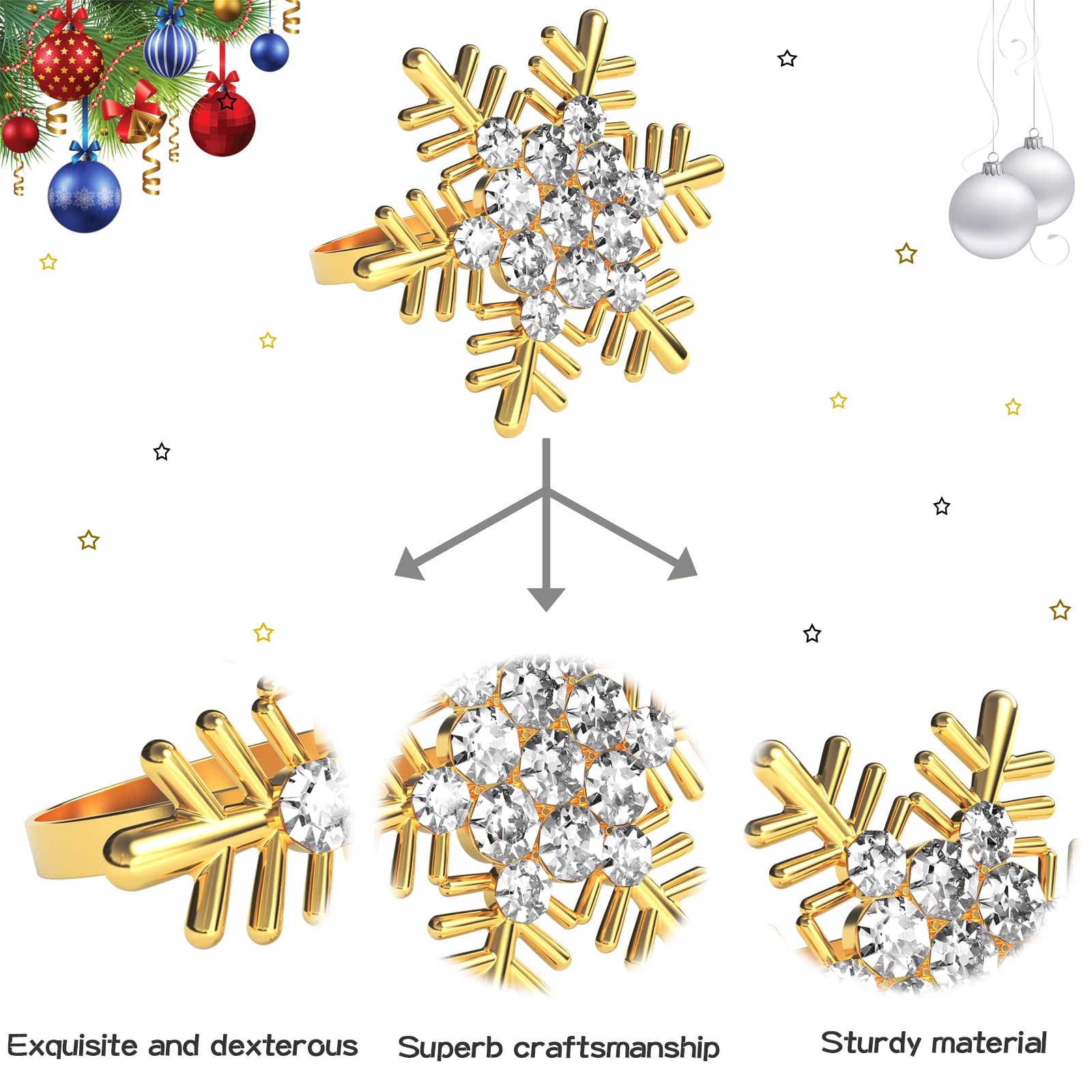 Zeedix Set Of 8 Gold Snowflake Christmas Napkin Rings For Dinning Table Setting- Rustic Dinner Tables Setting Decoration For Wed
