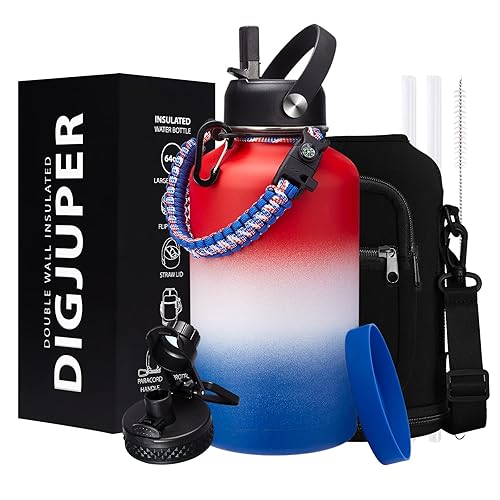 Half-Gallon Vacuum Water-Bottle with Sleeve  Paracord Handle  Straw & Spout Lid  64oz Stainless Steel Insulated Water Jug  Cold-48h & Hot-24h Double-Wall Metal Vacuum Flasks for Sports Hiking Camping