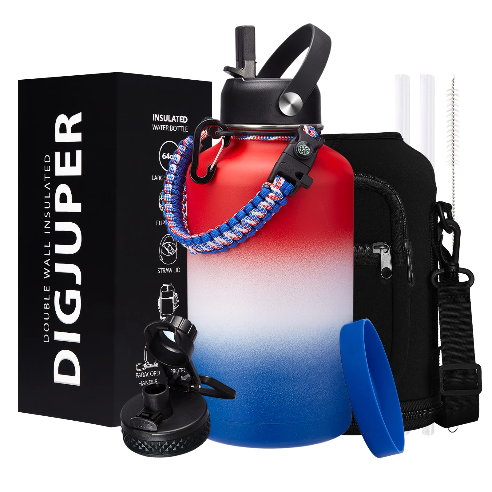 Half-Gallon Vacuum Water-Bottle with Sleeve  Paracord Handle  Straw & Spout Lid  64oz Stainless Steel Insulated Water Jug  Cold-48h & Hot-24h Double-Wall Metal Vacuum Flasks for Sports Hiking Camping