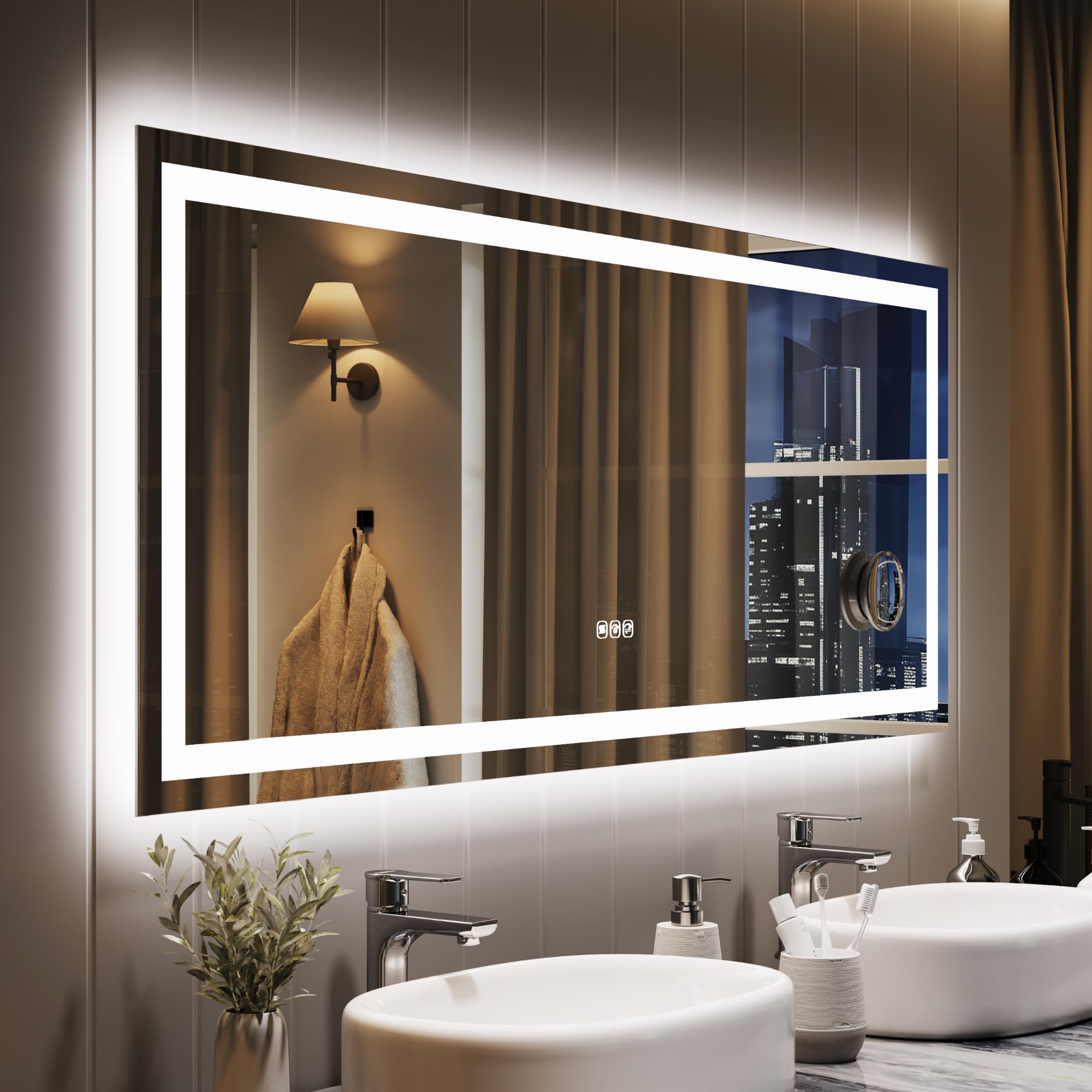 GarveeHome 60x24 LED Bathroom Mirror with Lights, Dimmable, Anti-Fog, Backlit + Front Lit, and 3X Magnification Mirror, Smart Ba