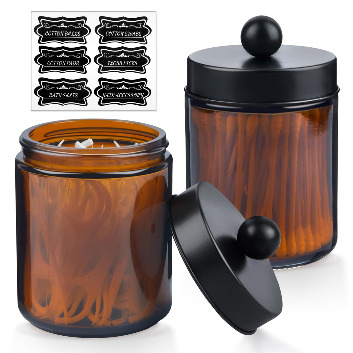 2 Pack Glass Apothecary Jars With Lids And Labels - Bathroom Counter Storage Jars, Qtip Holders Vanity Countertop Canisters (Amb