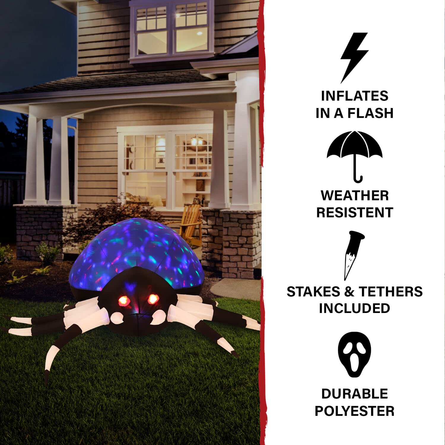 Haunted Hill Farm 6-ft. Wide Spider Blow Up with Disco Lights, Halloween Outdoor Decorations for Patio and Yard, Giant Spooky In