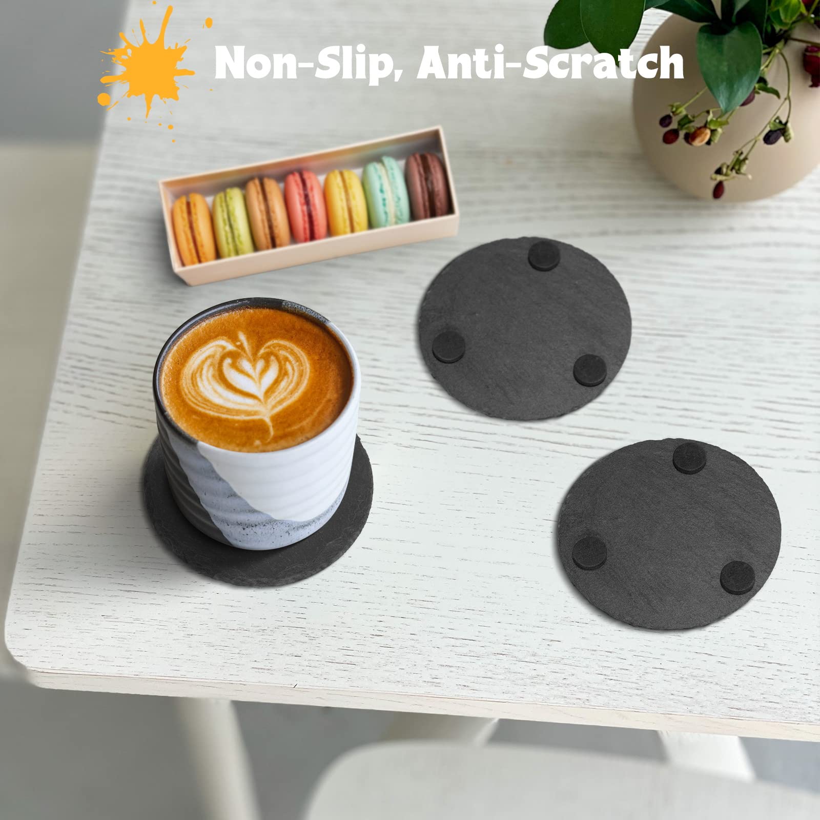 Handmade Slate Stone Coasters For Drinks - Set Of 8 - Black Drink Coasters With Holder - Non-Slip Cup Mat Anti-Scratch Table Coa