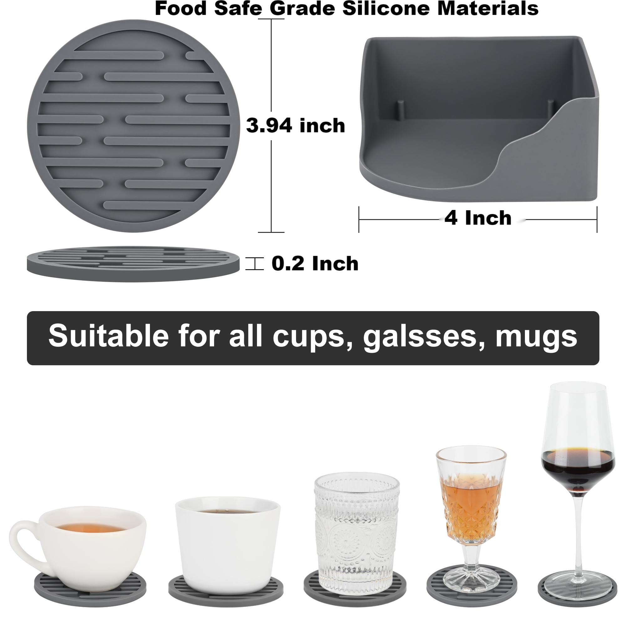 Viwehots Drink Coasters Silicone Cup Coaster Sets Of 8 With Holder Fits Drinking Glasses, Protect For Table Type Wood, Granite,