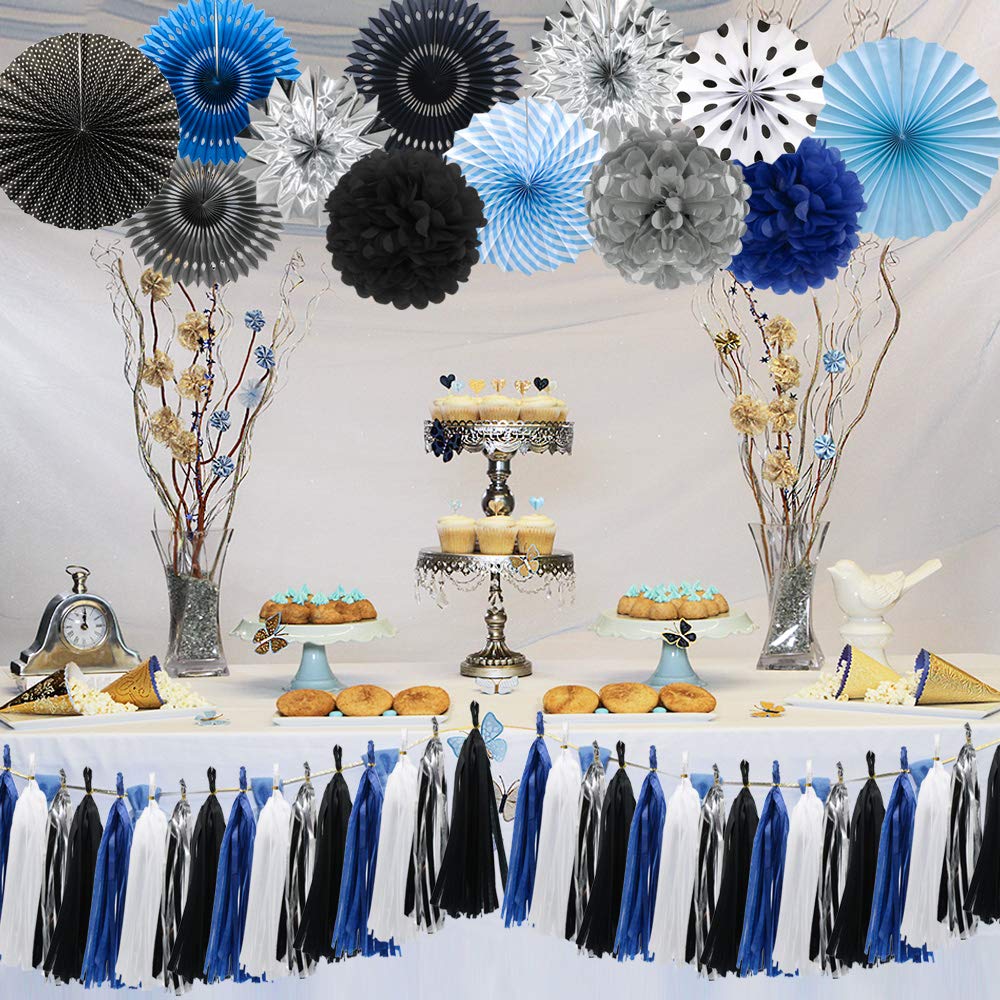 Meiduo Navy Blue Silver Black Party Decorations Hanging Paper Fans Pom Poms Flowers Tissue Tassel Garland For Graduation Boy Kid