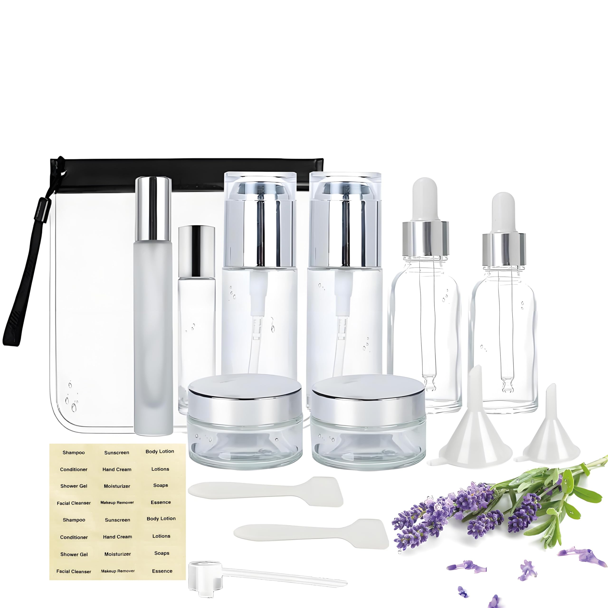 15Pack Glass Travel Bottles For Toiletries, Tsa Approved Travel Skincare Containers 1.35/0.7/1 Oz Silver Mini Travel Bottles Wit