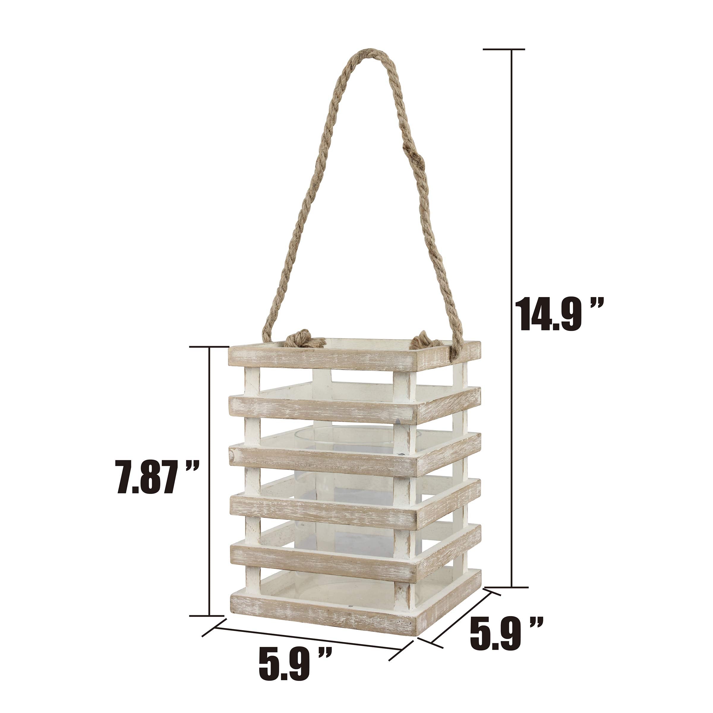 Stonebriar SB-5080B Worn White Wooden Beach House Candle Lantern with Rope Handle and Removable Glass Cylinder Hurricane, MEDIUM