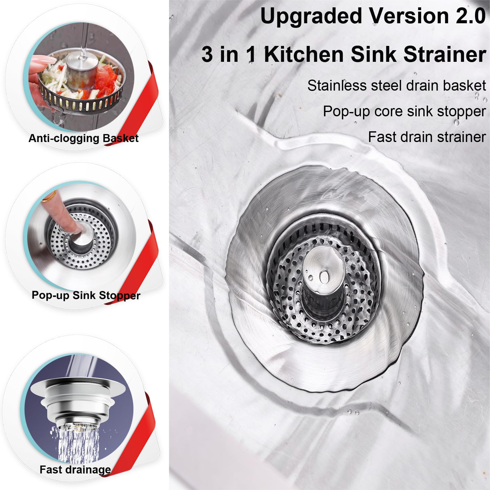 Upgraded 3 In 1 Kitchen Sink Drain Strainer, Magic Sink Stopper, Stainless Steel Anti-Clogging Sink Basket/Brass Pop-Up Core/Fas