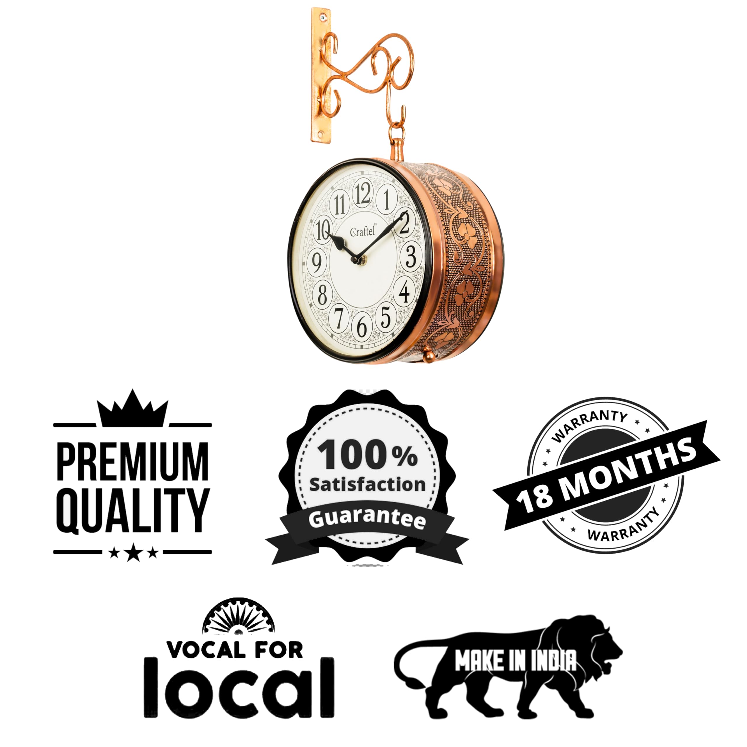 CRAFTEL Metal Analog Railway Wall Clock Vintage Double Sided Hanging Clock for Living Room Home and Office (Dial - 8 Inches, Ros