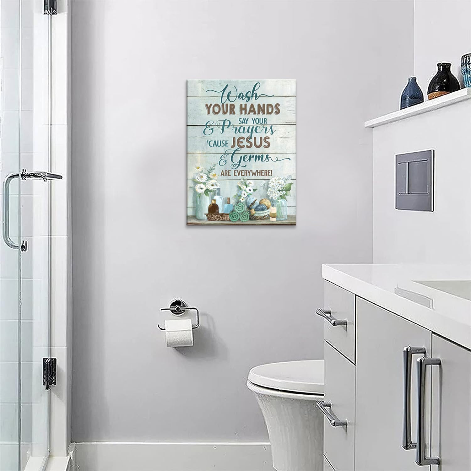 Shuweienphant Farmhouse Bathroom Wall Art - Inspirational Quotes Canvas Print, 12"x16", Wood, Flower4 Color