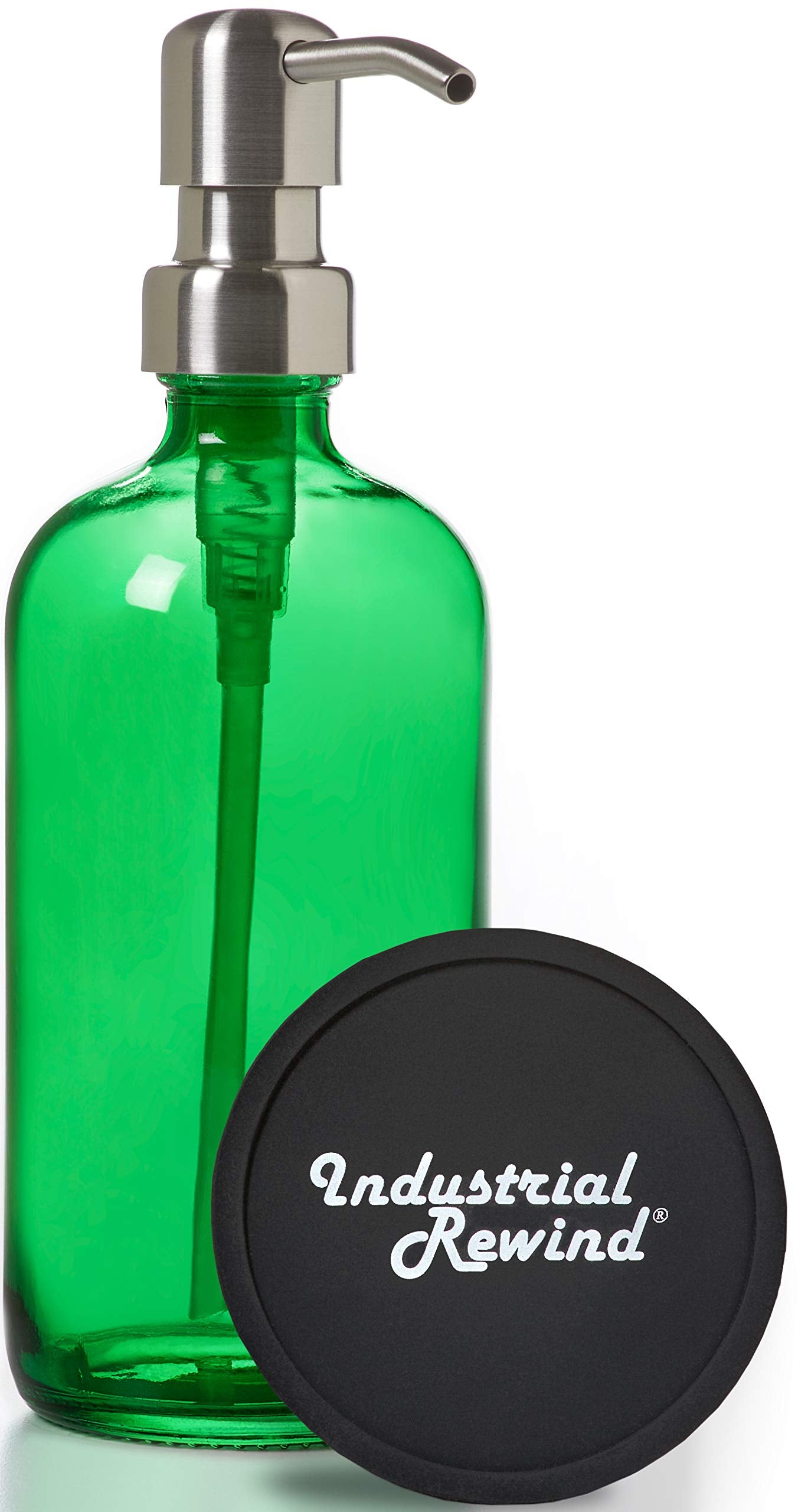 Executive Style Green Glass Soap Dispenser with Stainless Steel Pump and Non Slip Coaster/Countertop Protector - Green 16oz Glas