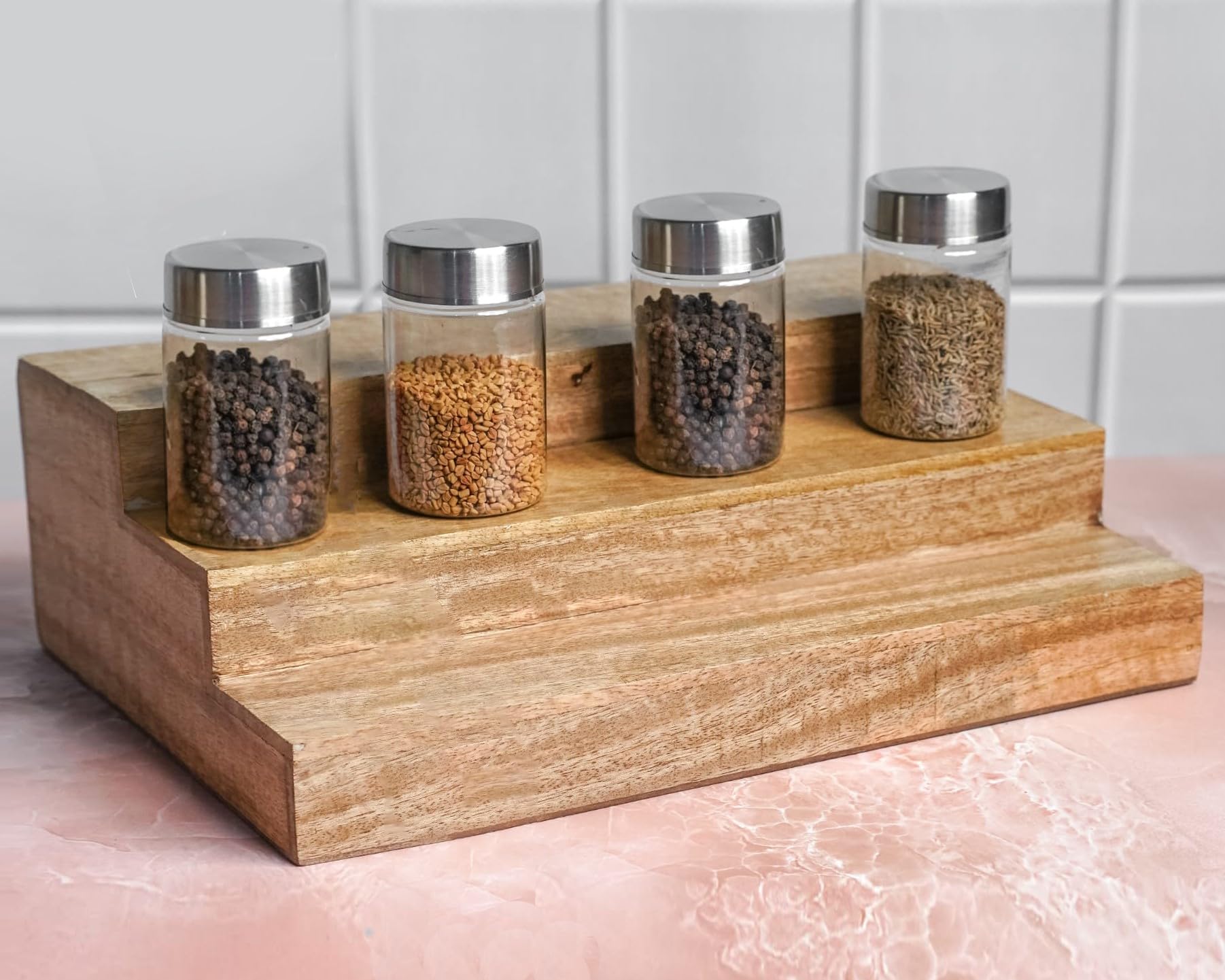 Uhud Crafts Wooden Kitchen Shelf Organizer, Multipurpose 3 Step Spice Rack Counter Top Organiser Stand For Cabinet/Cupboard  La