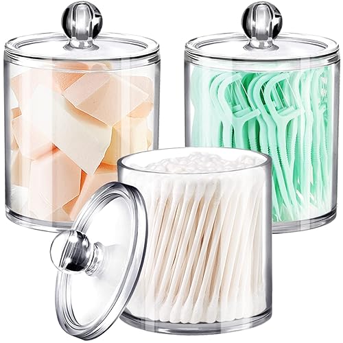 SheeChung 3 Pack Qtip Dispenser Apothecary Jars Bathroom with Labels-12 Oz Clear Plastic Qtip Holder Storage Set for Cotton Ball Cotton Swab Cotton Rounds Floss Picks  Hair Clips Hair Ties