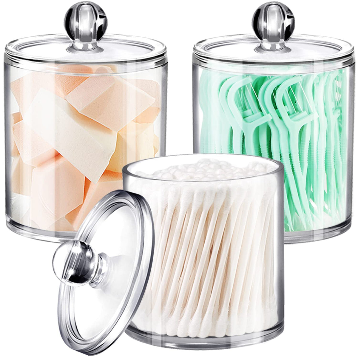 Sheechung 3 Pack Qtip Dispenser Apothecary Jars Bathroom With Labels-12 Oz Clear Plastic Qtip Holder Storage Set For Cotton Ball