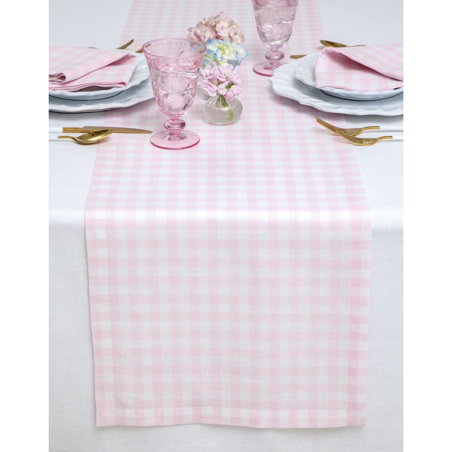 Solino Home Check Linen Table Runner 48 Inch - 100% Pure Linen Marshmellow Pink Plaid Table Runner 14 x 48 Inch Ideal for Dresse