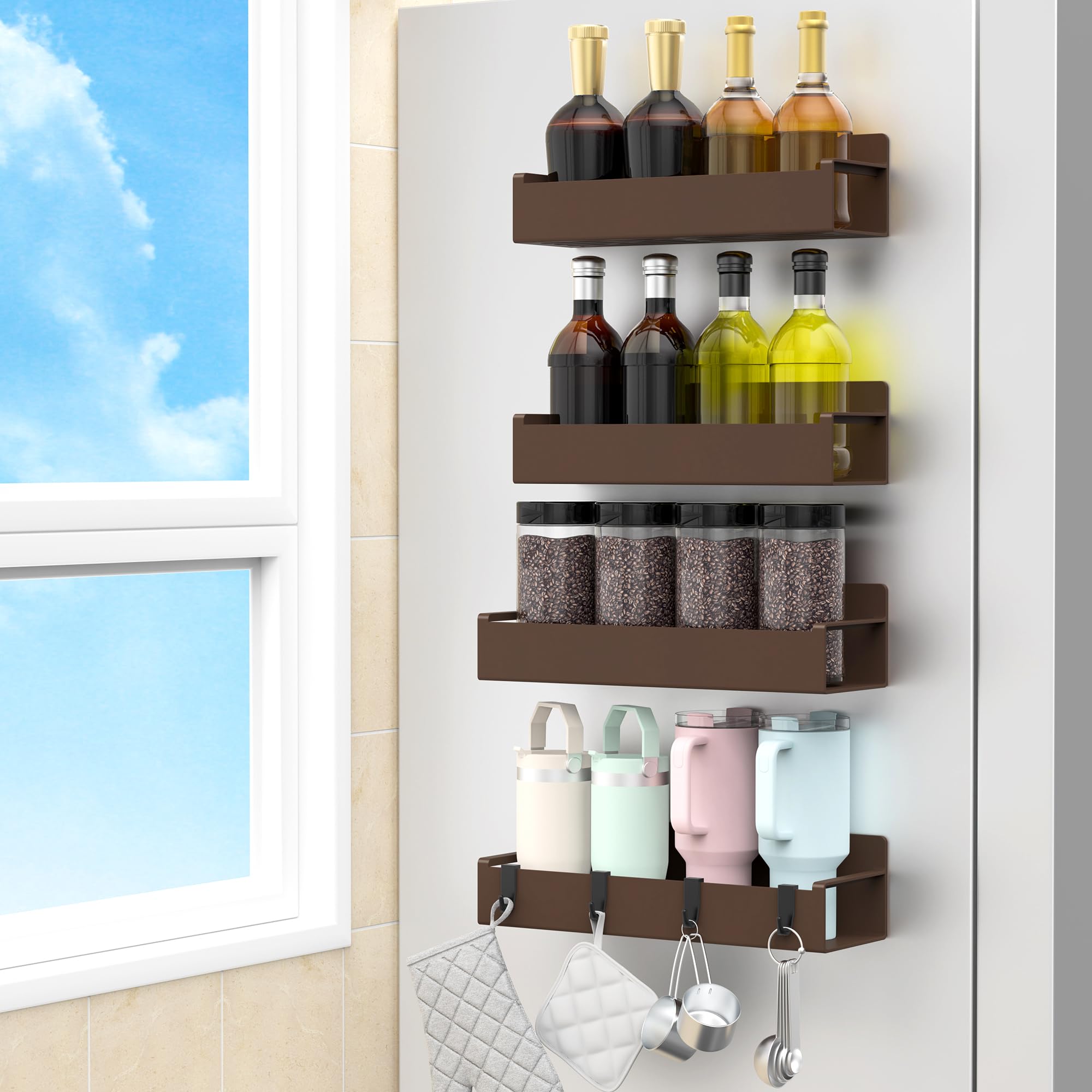 HuggieGems 4 Pack Magnetic Spice Rack Organizer for Refrigerator and Oven, Brown Fridge Organizers and Storage for Kitchen