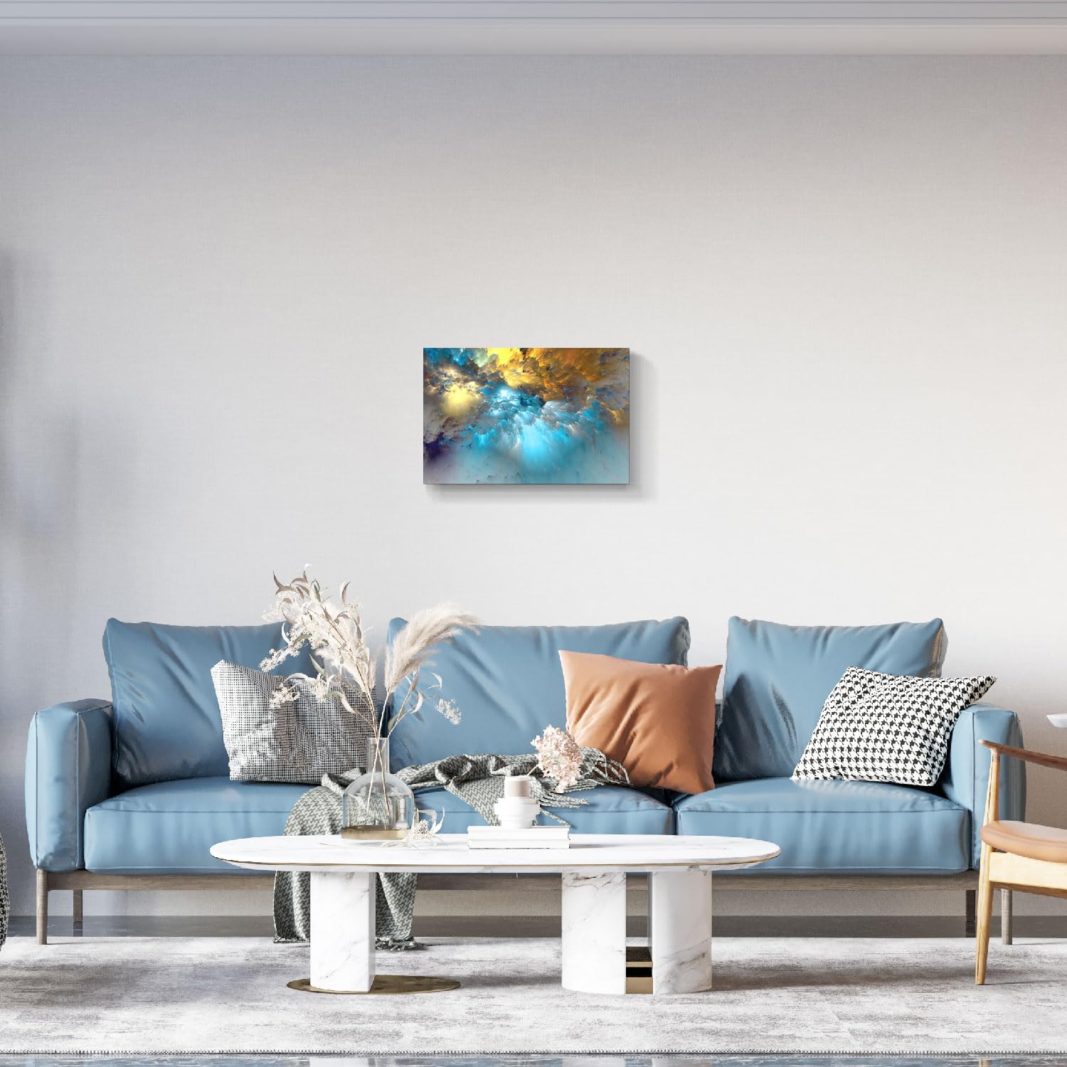 Golden Canvas Wall Art Blue Modern Abstract Painting Prints Colorful Smoke Billowing on White Background Framed Energetic Artwork Pictures for Living Room Bedroom Hallway Wall Decoration 24x16in