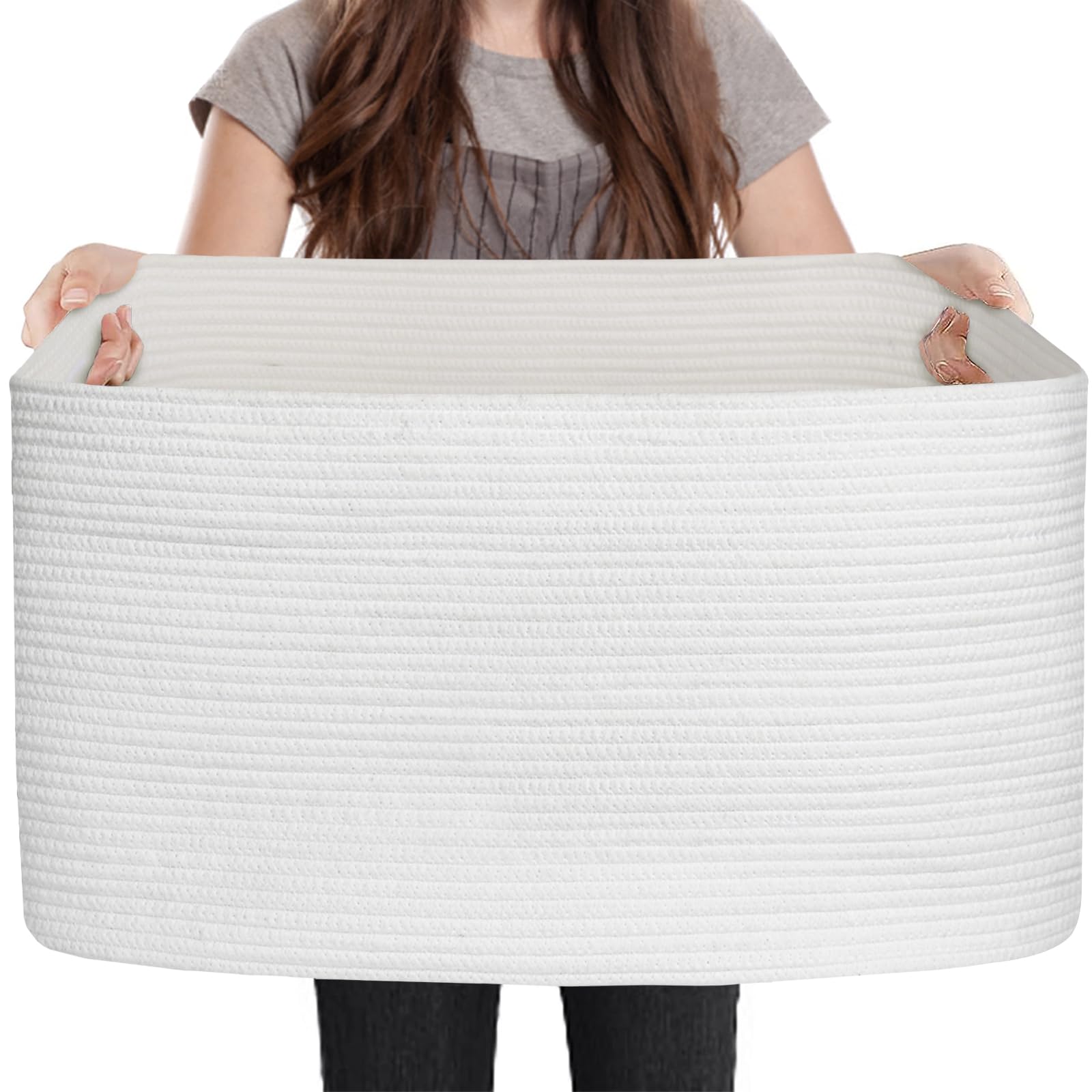 Megasket Extra Large White Storage Basket, 23.6'' X 17'' X 12'' Rectangle Blanket Basket Living Room, Woven Cotton Rope Basket,