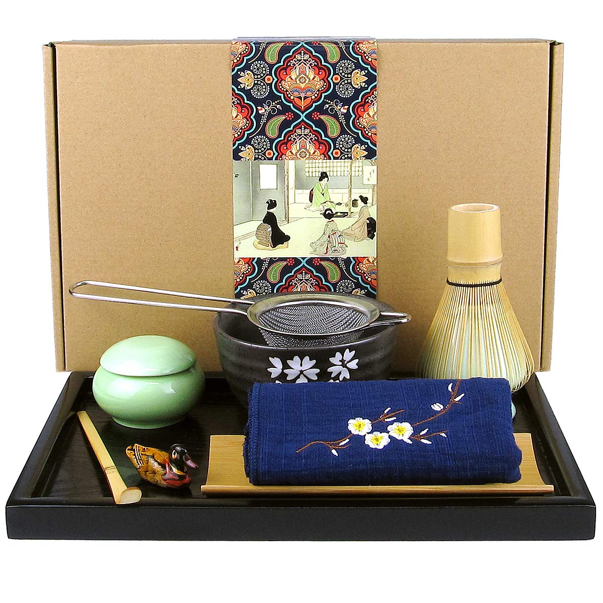 Artcome Japanese Matcha Tea Set, Matcha Whisk, Traditional Scoop, Matcha Bowl, Black Bamboo Tray, Ceramic Whisk Holder, Matcha C