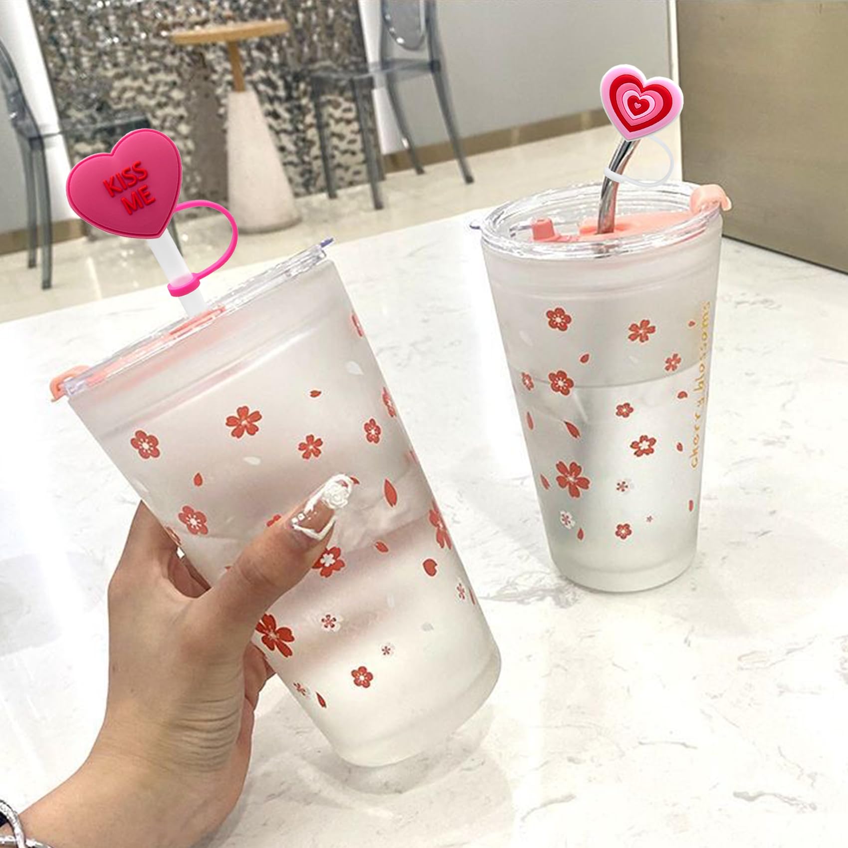 Zoranala 40oz 30oz Tumbler with Handle - Hot Pink Straw Toppers, Heart Covers, Silicone, Model 004-6