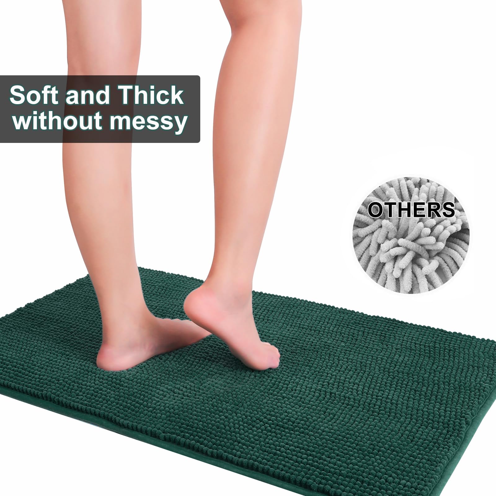 Urvoix Bathroom Rugs Sets 3 Piece  Non-Slip Chenille Bath Rug - Ultra Soft  Washable  Super Absorbent Bath Mat for Bathroom  Toilet and Tub (Dark Green)