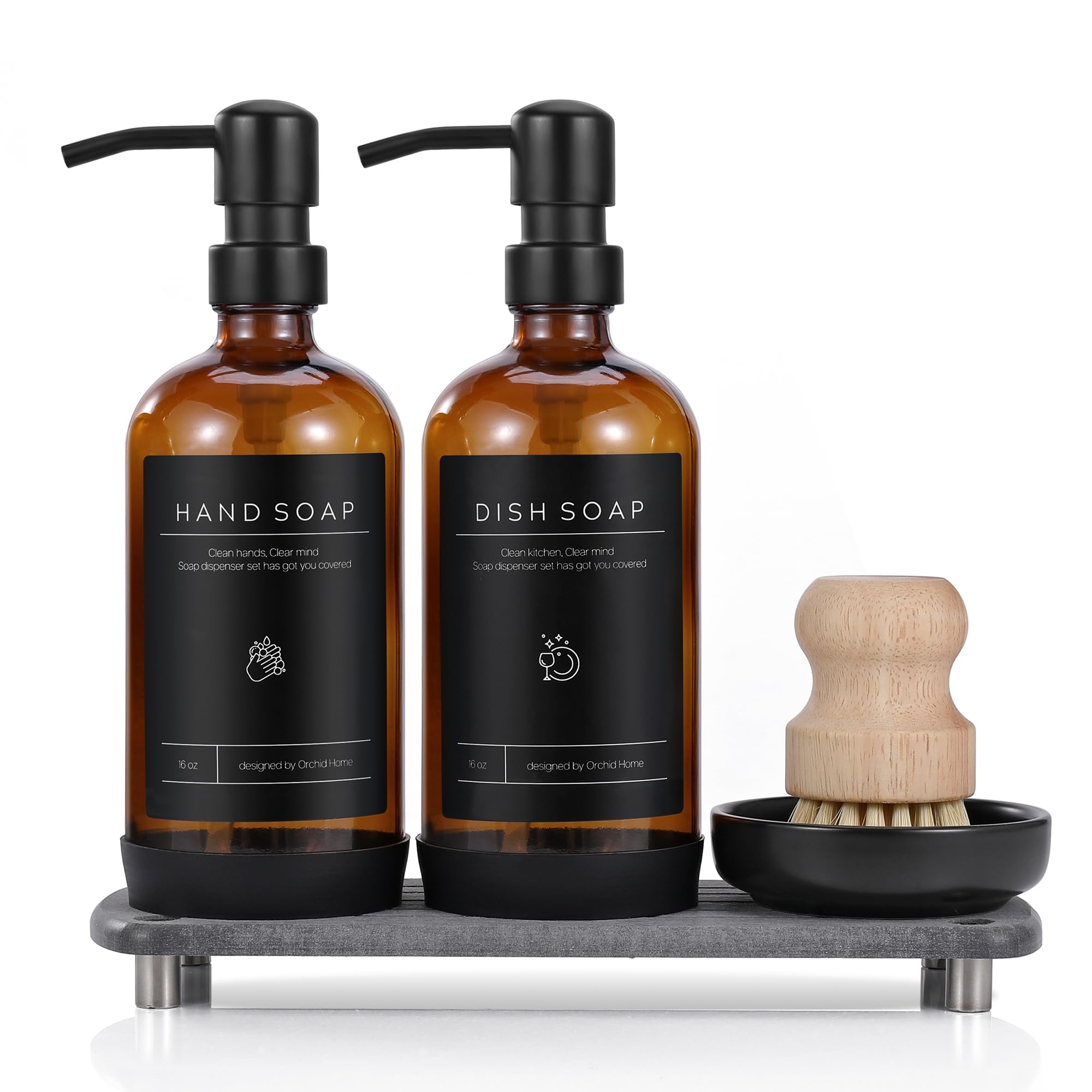 [Luxury] Kitchen Soap Dispenser Set - 16Oz Amber Glass Bottle, Stainless Steel Pump, Instant Dry Tray, Waterproof Labels, Non-Sl