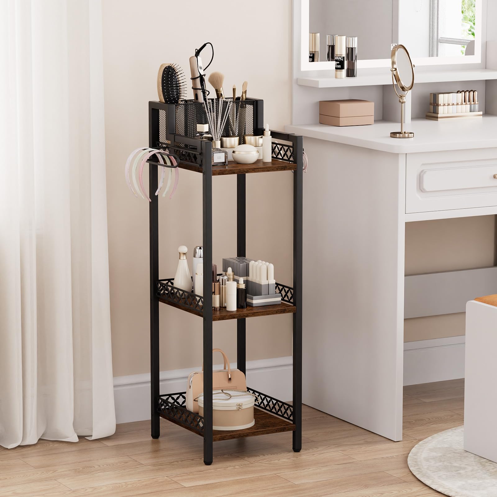 FURFUN Bathroom Storage Shelf Hair Dryer Holder, 3-Tier Narrow Metal Standing Rack with Toilet Paper Holder, Multifunctional Cor