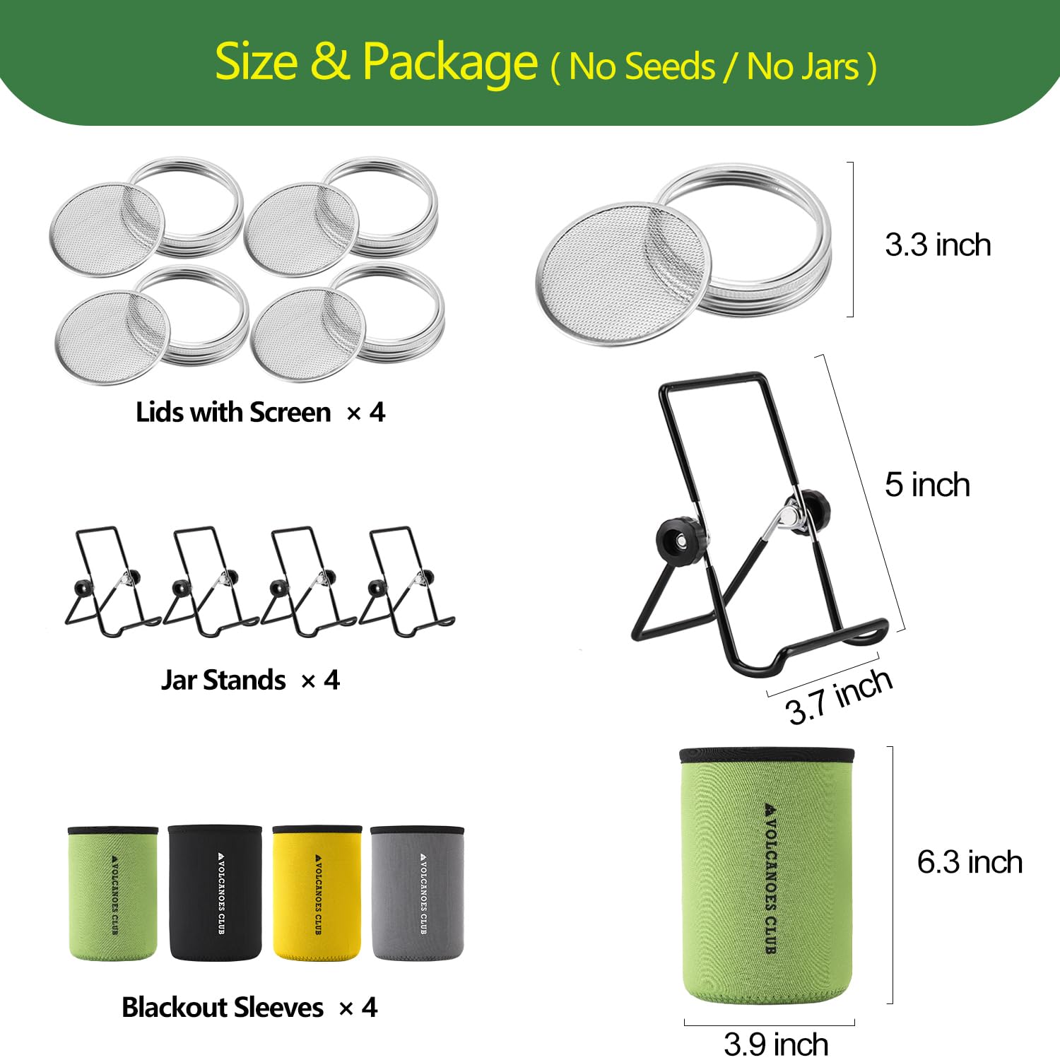 Volcanoes Club Sprouting Lids Growing Kit - 316 Stainless Steel Sprouting Lids For 86Mm Wide Mouth Mason Jar With Stands & Black