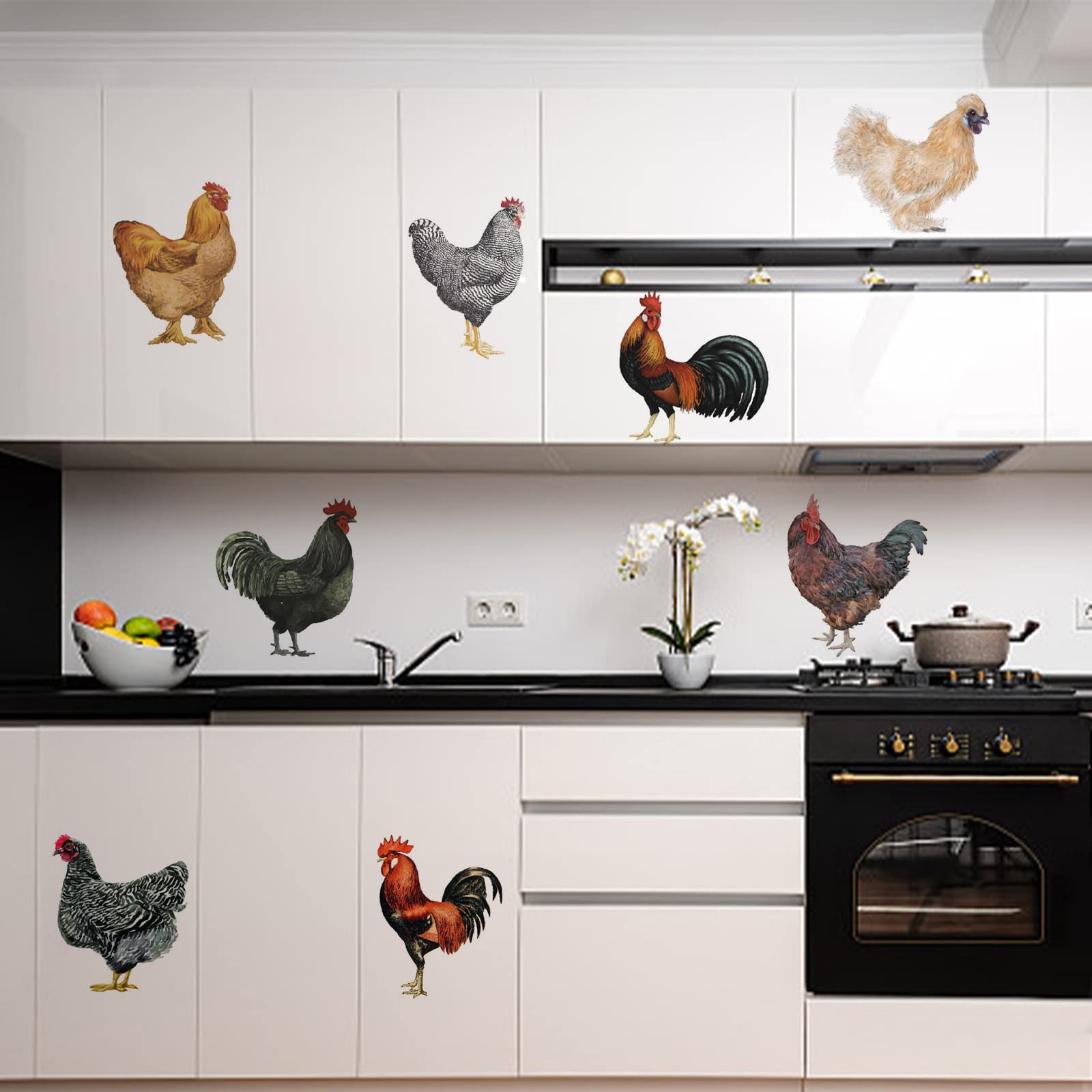 Pligreat 8 Pcs Roosters Hens Wall Stickers, Removable Vinyl Peel And Stick Wall Decals For Kitchen Pantry Playroom Nursery Farmh