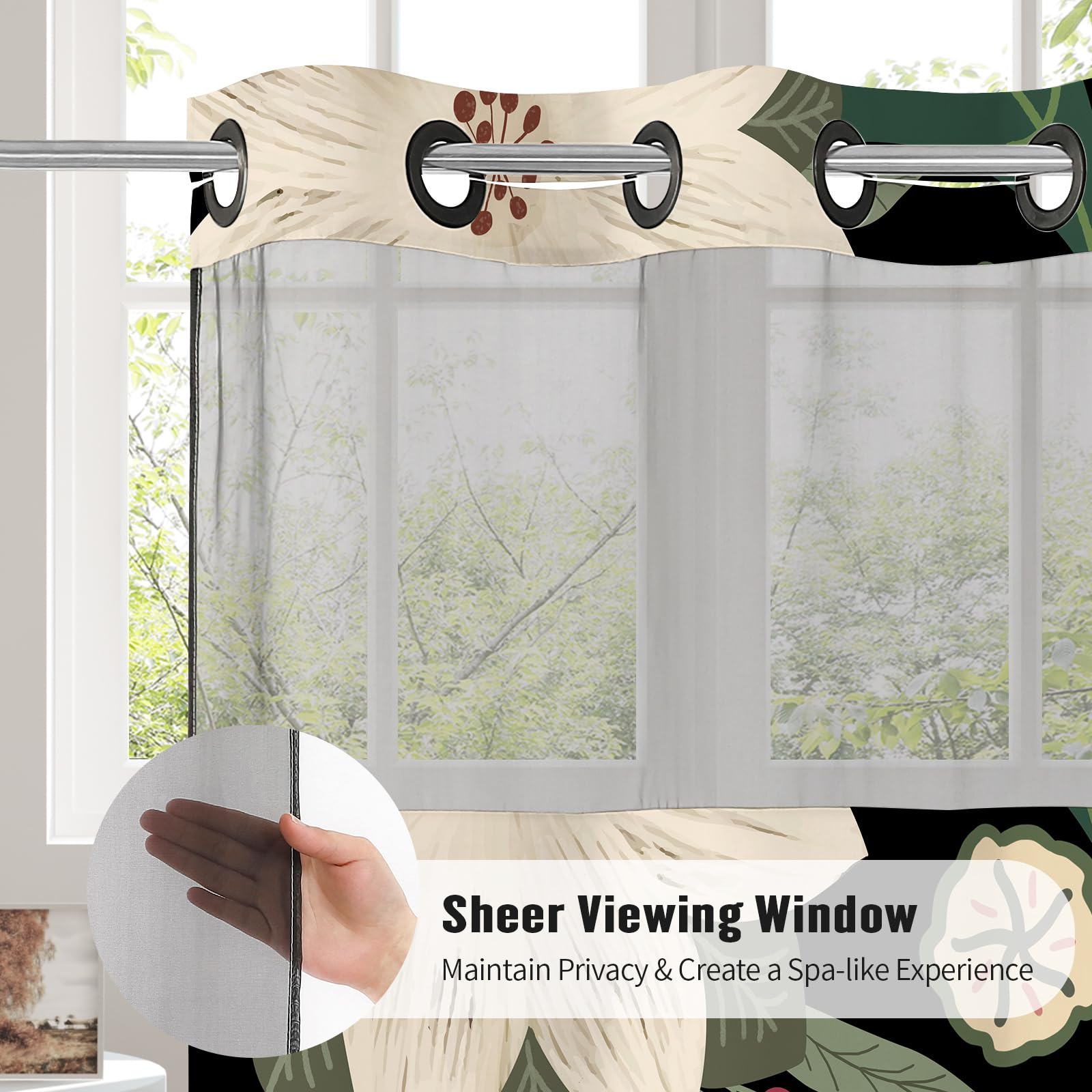 Mitovilla No Hooks Needed Boho Floral Shower Curtain Set With Snap-In Liner, Modern Abstract Heavy Duty Fabric Cloth Shower Curt