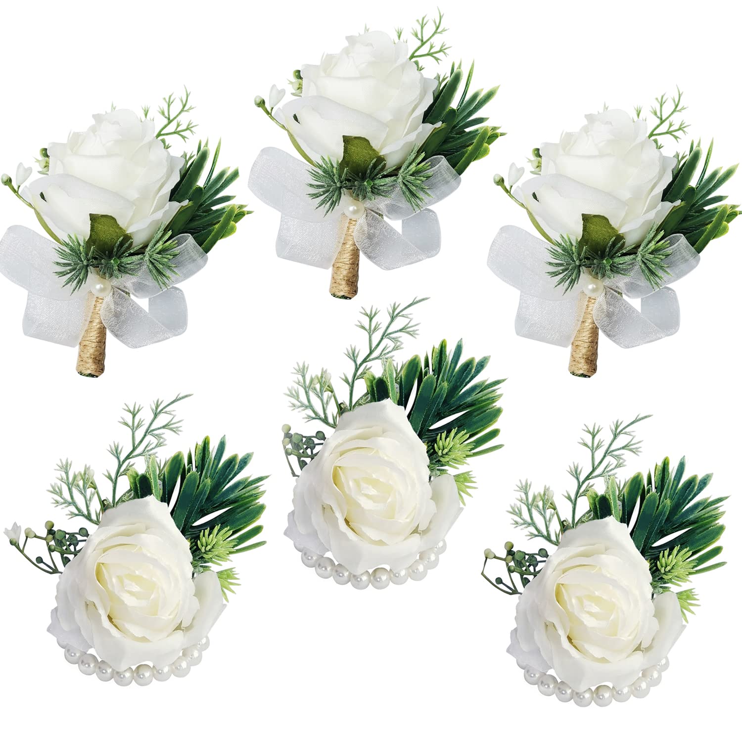 WEIERYUE Artificial Flowers White Rose Wrist Flowers and Mens Corsage Wedding Flowers Ceremony (3 Boutonnieres & 3 Wrist Corsag