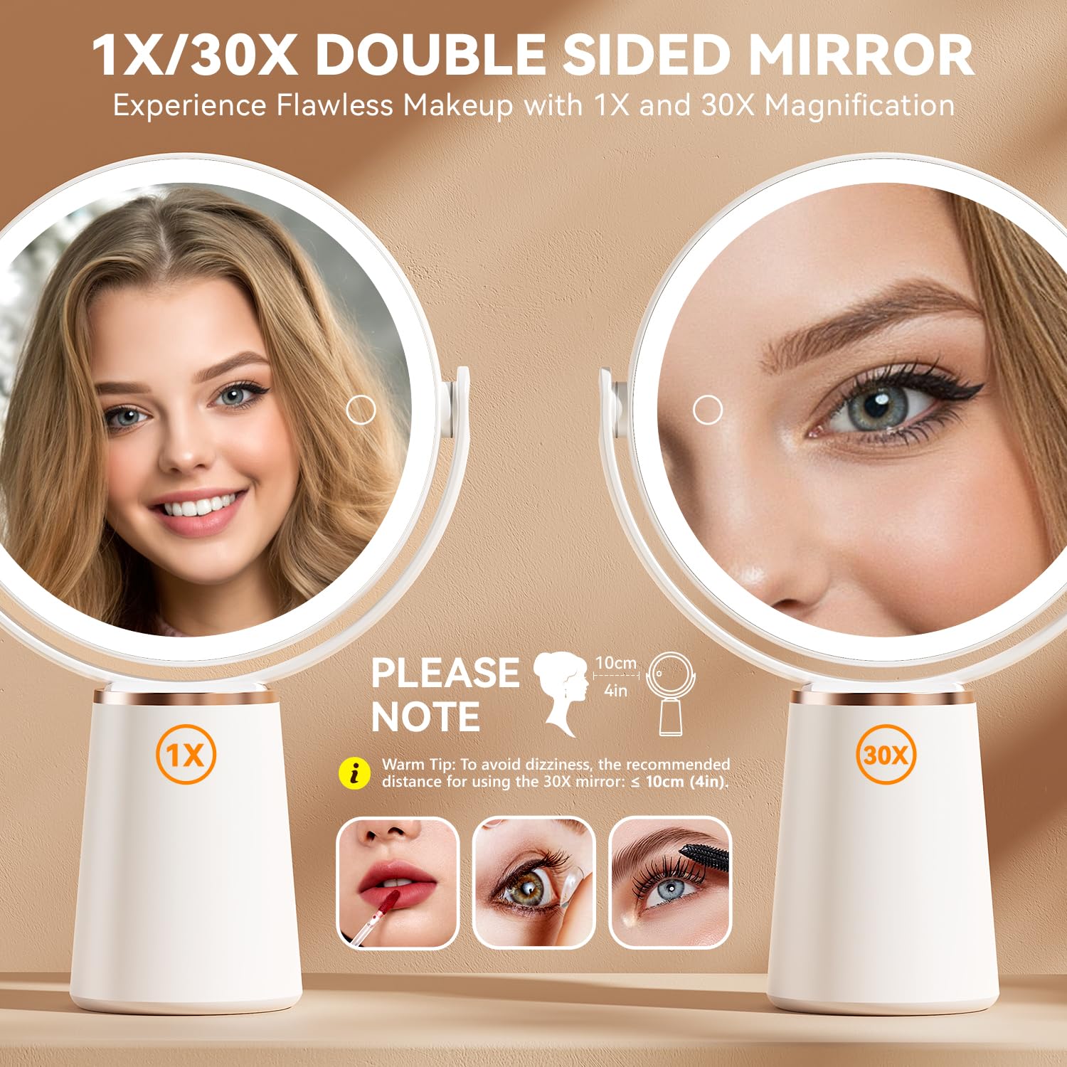 Auxmir Makeup Mirror With Lights, Double Sided 30X/1X Magnifying Mirror, 3 Color Stepless Dimmable Mirrors With Touch Screen, 20