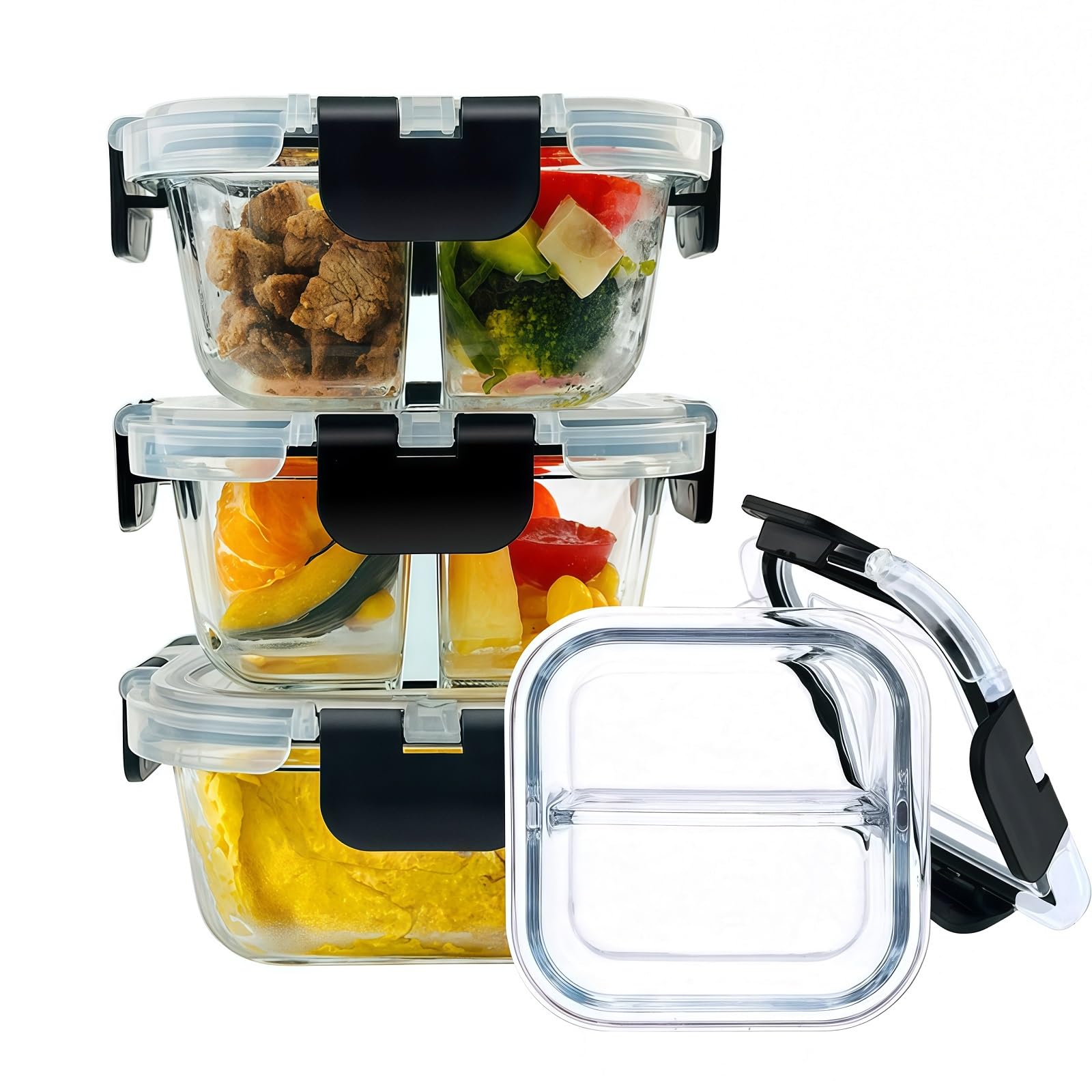 Nafhone Bariatric Meal Prep Containers, 8 oz Glass Bariatric Portion Control Containers with Two 4 oz Compartments (3 Pack), Reu