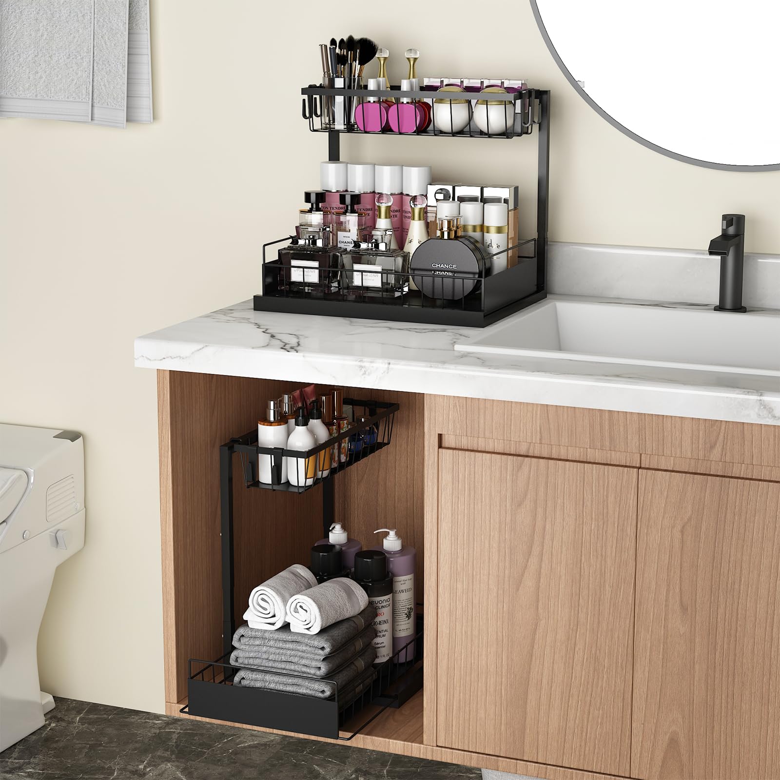 Realinn Under Sink Organizer, 2 Pack Height Adjustable Kitchen Organizers And Storage, 2 Tier Pull Out Sliding Cabinet Organizer